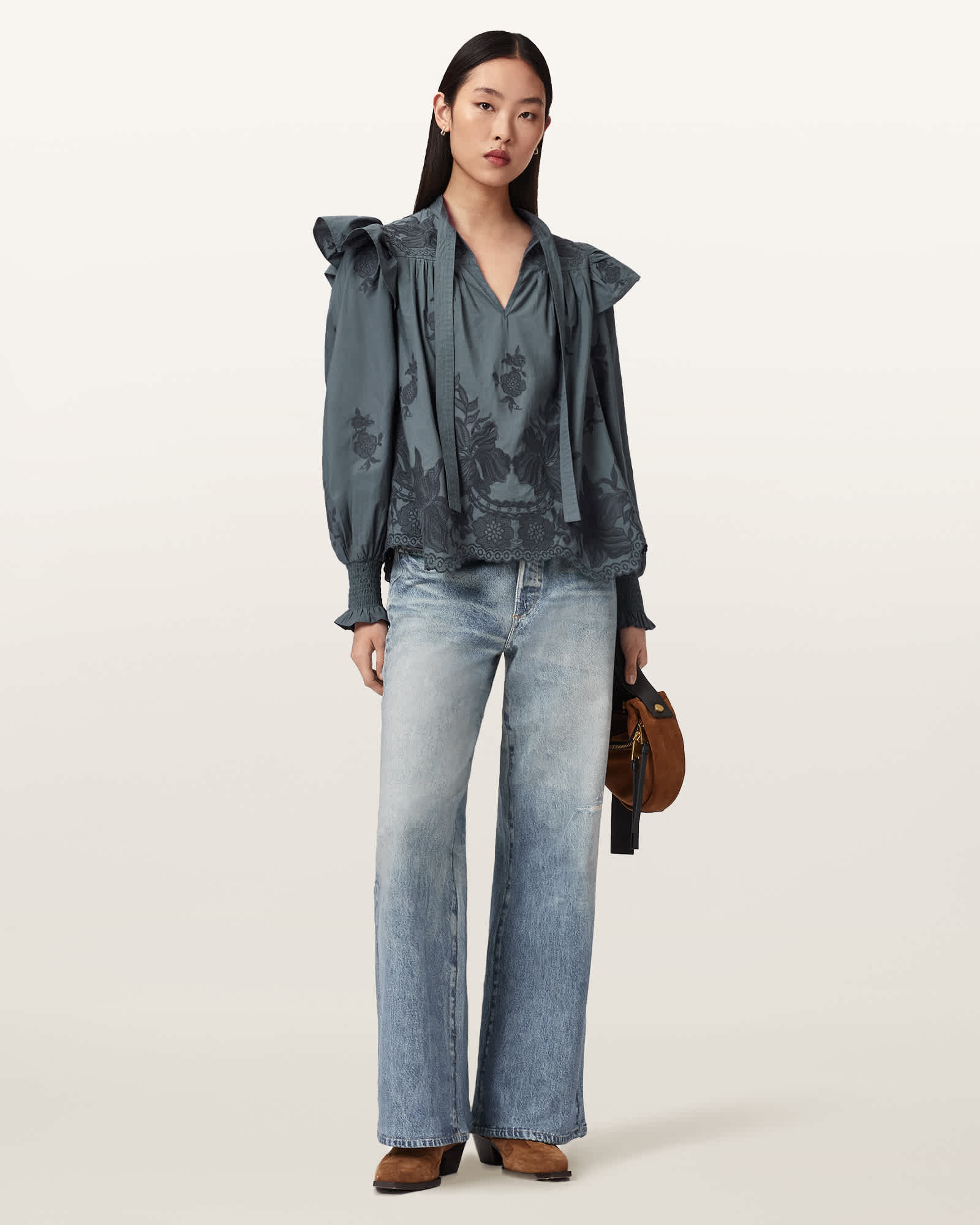 AllSaints Cotton Nisa Embroidered Cotton Top, Size: UK 6/US 2