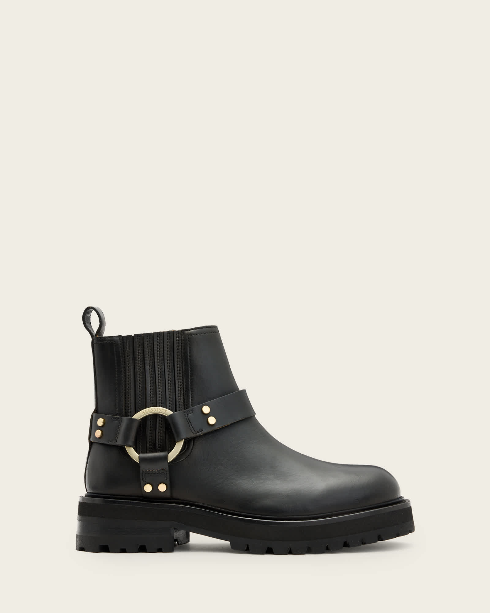 AllSaints Maddie Ankle Length Leather Biker Boots,, Black/Warm Brass