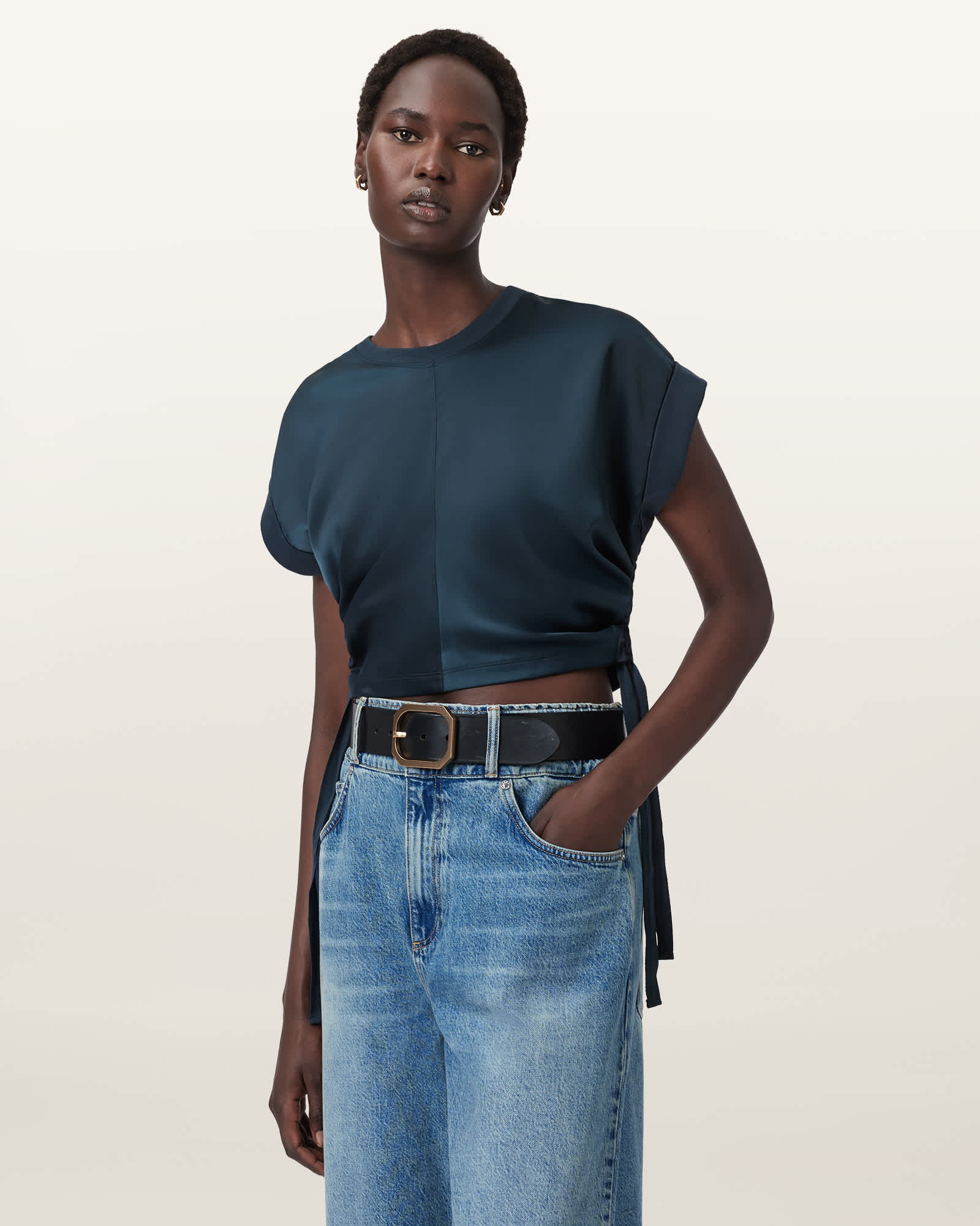 Allsaints Mira Cropped Satin Drawcord T-shirt In Blue