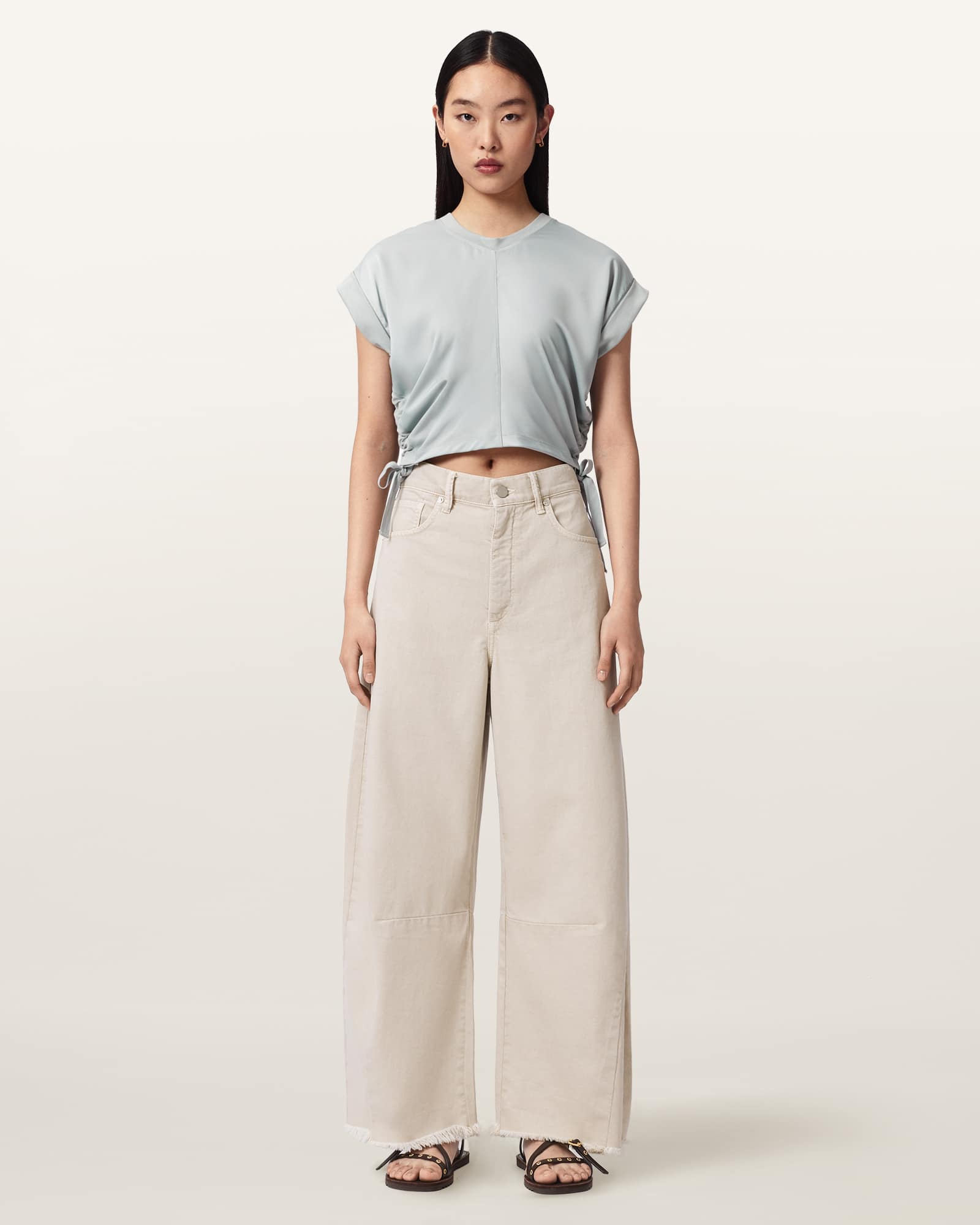 AllSaints Polyester Mira Cropped Satin Drawcord T-Shirt, Size: L