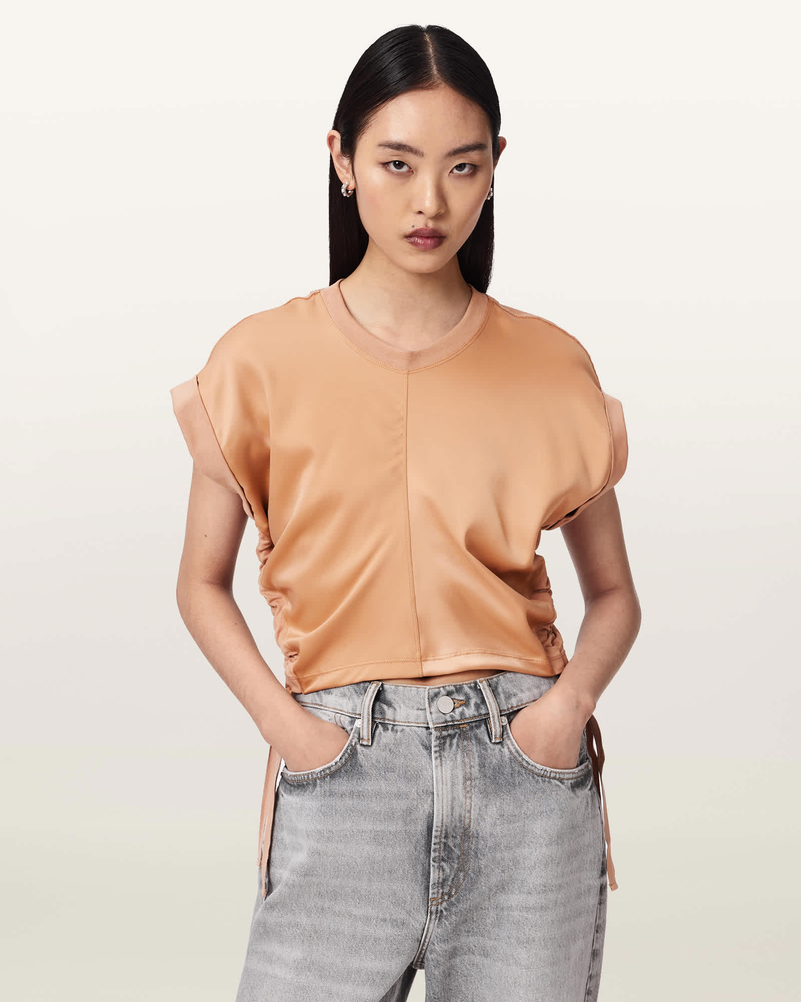 AllSaints Polyester Mira Cropped Satin Drawcord T-Shirt, Size: M