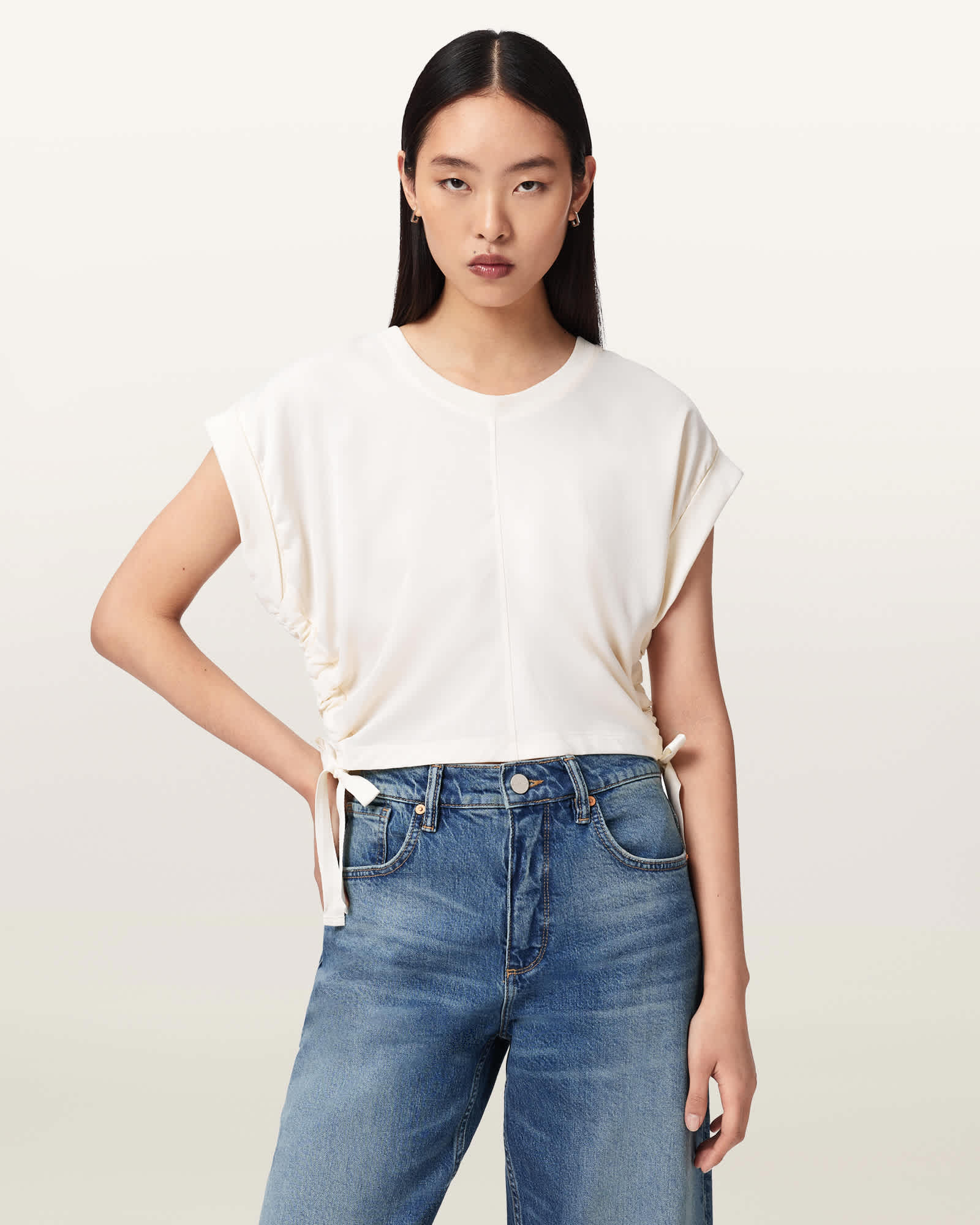 AllSaints Polyester/Cotton Mira Cropped Satin Drawcord T-Shirt, Size: M