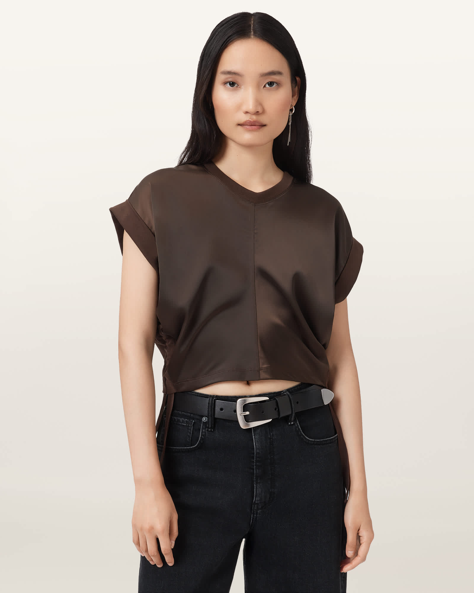 Allsaints Mira Cropped Satin Drawcord T-shirt In Burgundy