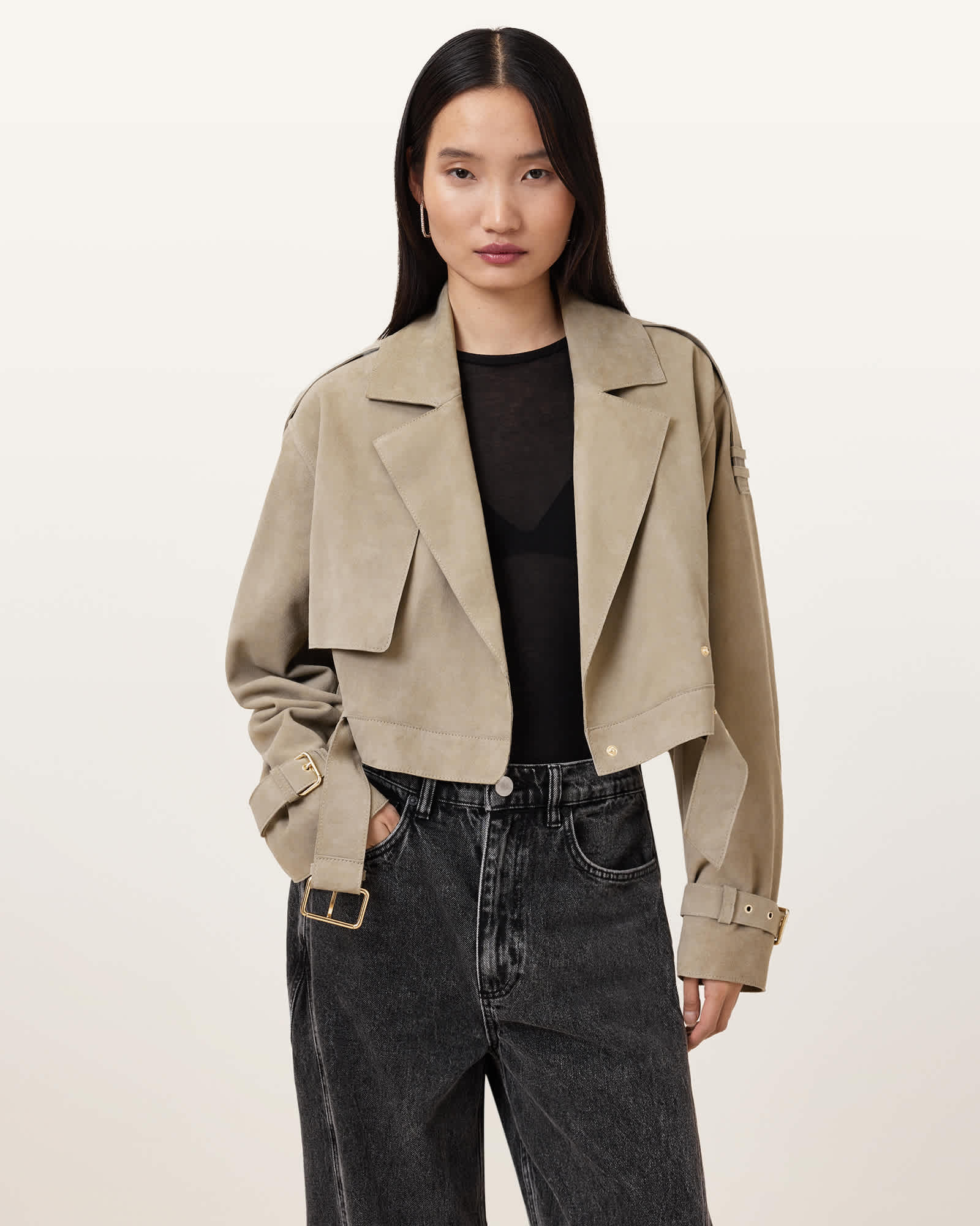 AllSaints Ophelia Cropped Suede Jacket,, Sage Green