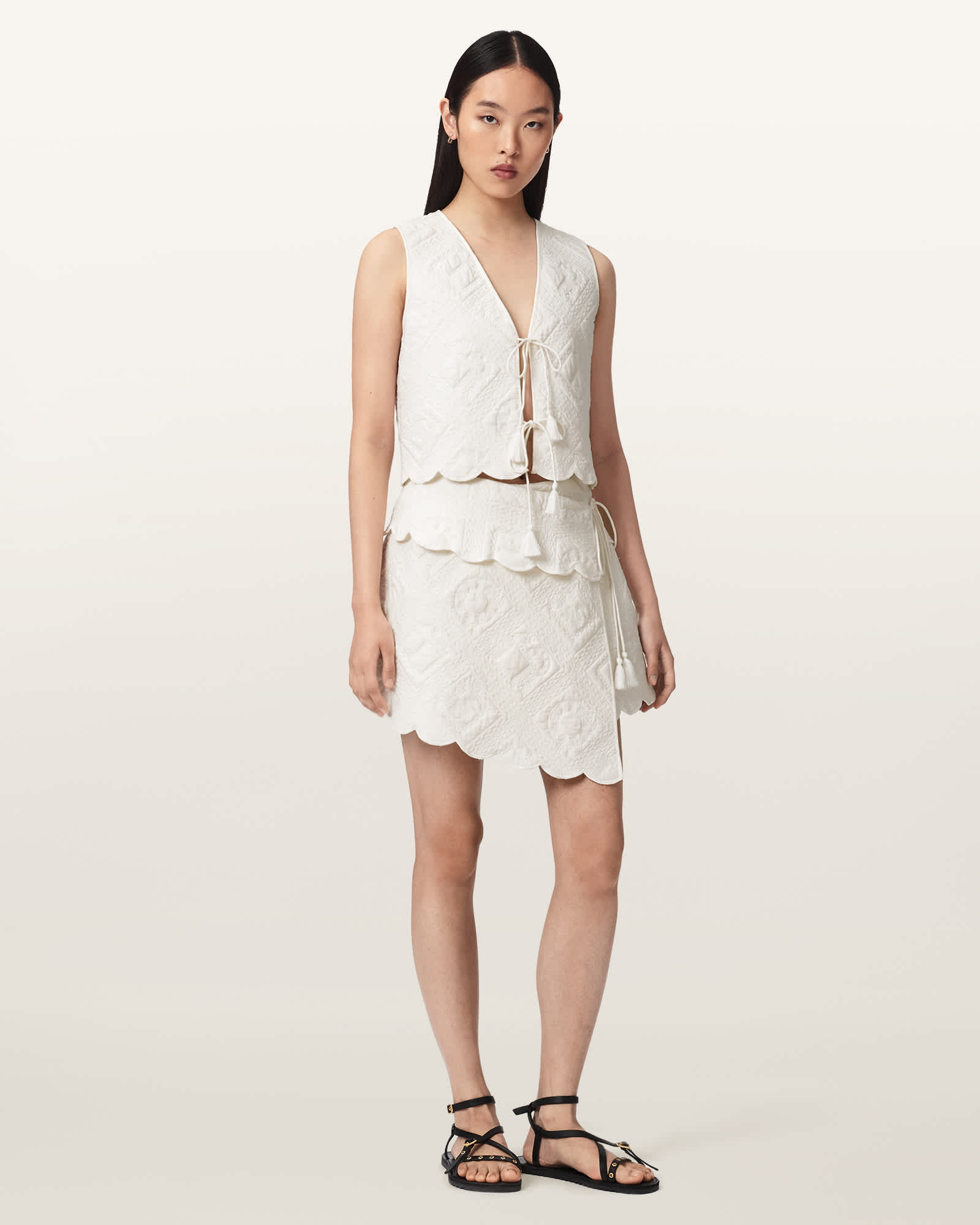 Allsaints Women's White Mona Quilted Asymmetric Mini Skirt - Size  14