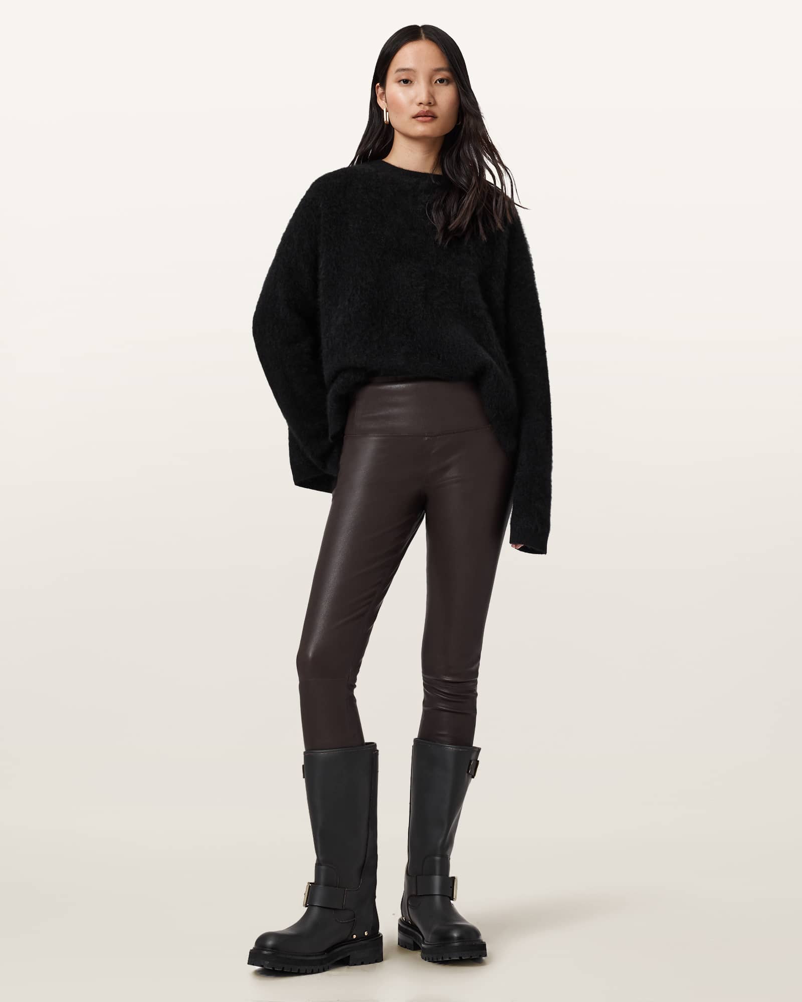 AllSaints Cora Leather Stretch Leggings,, Brown