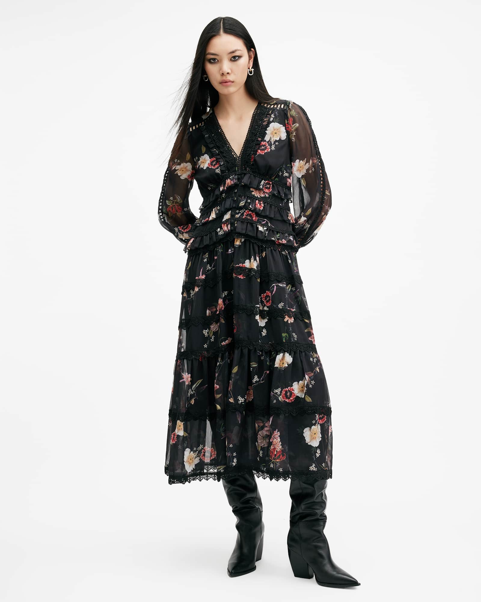 Allsaints Women's Zora Floral Ruffle Midi Dress - Size  6