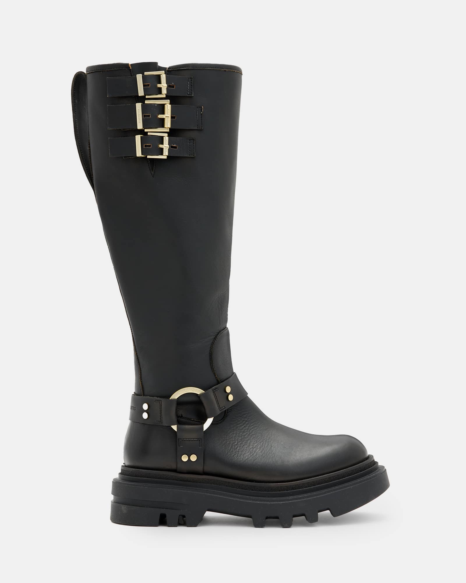 Allsaints Women's Gold Jade Knee High Leather Biker Boots - Size  4