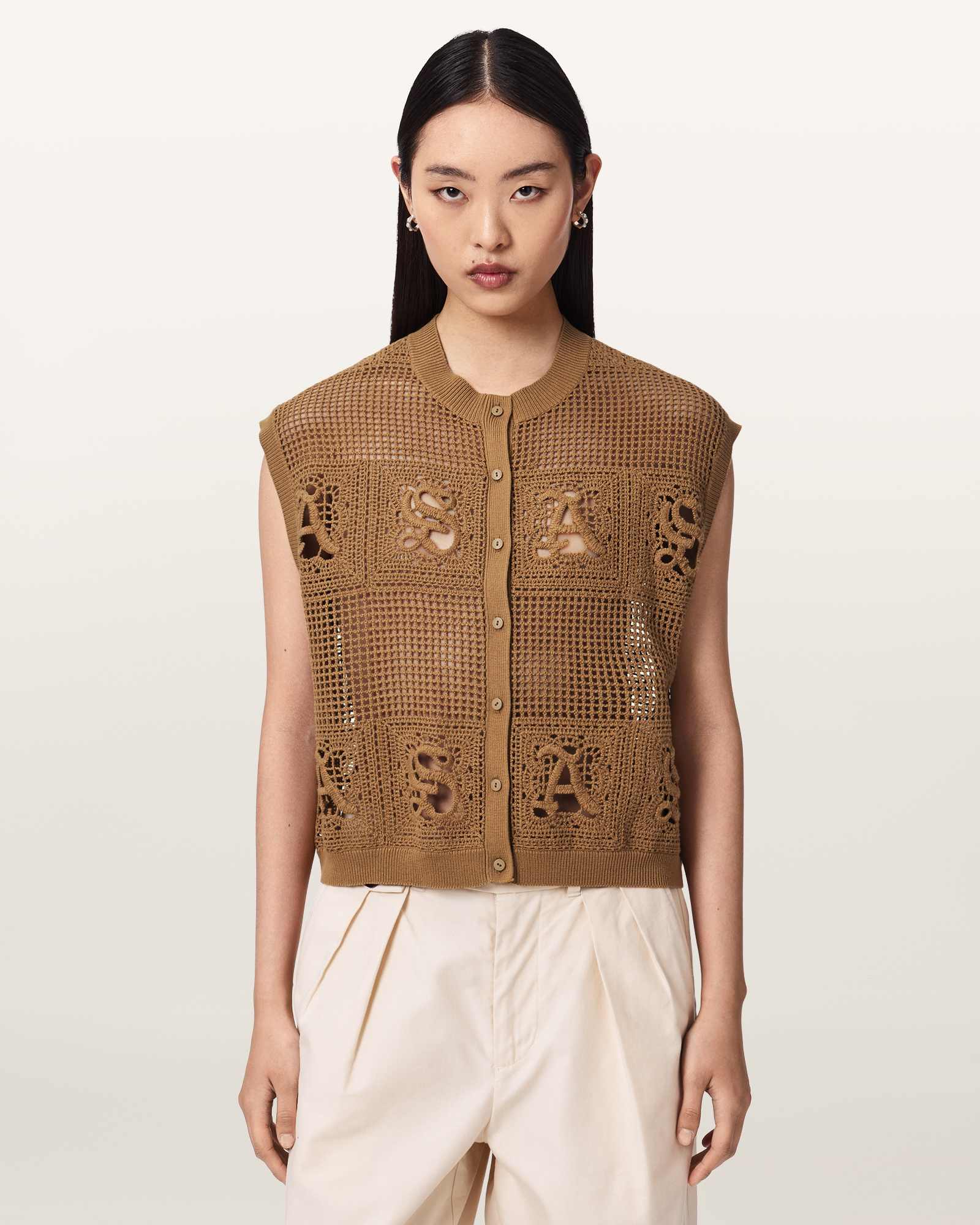 AllSaints Cotton Kyra Open Knit Crochet Cotton Waistcoat, Size: L