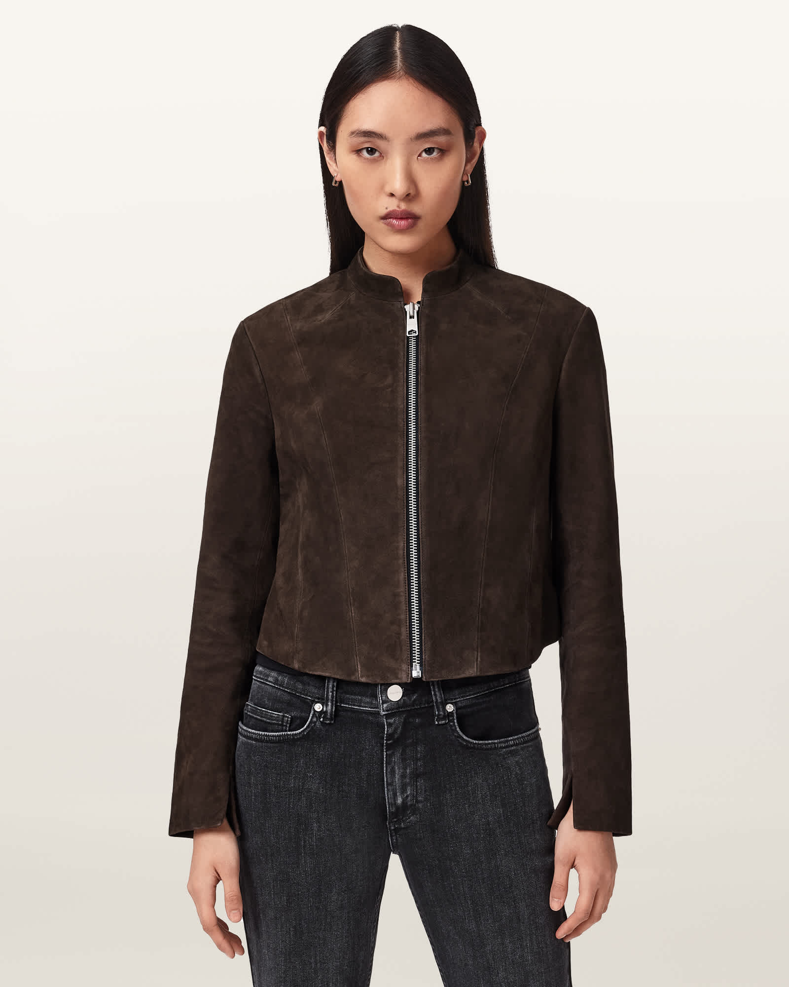 Allsaints Women's Brown Sadler Fitted Suede Jacket - Size  16