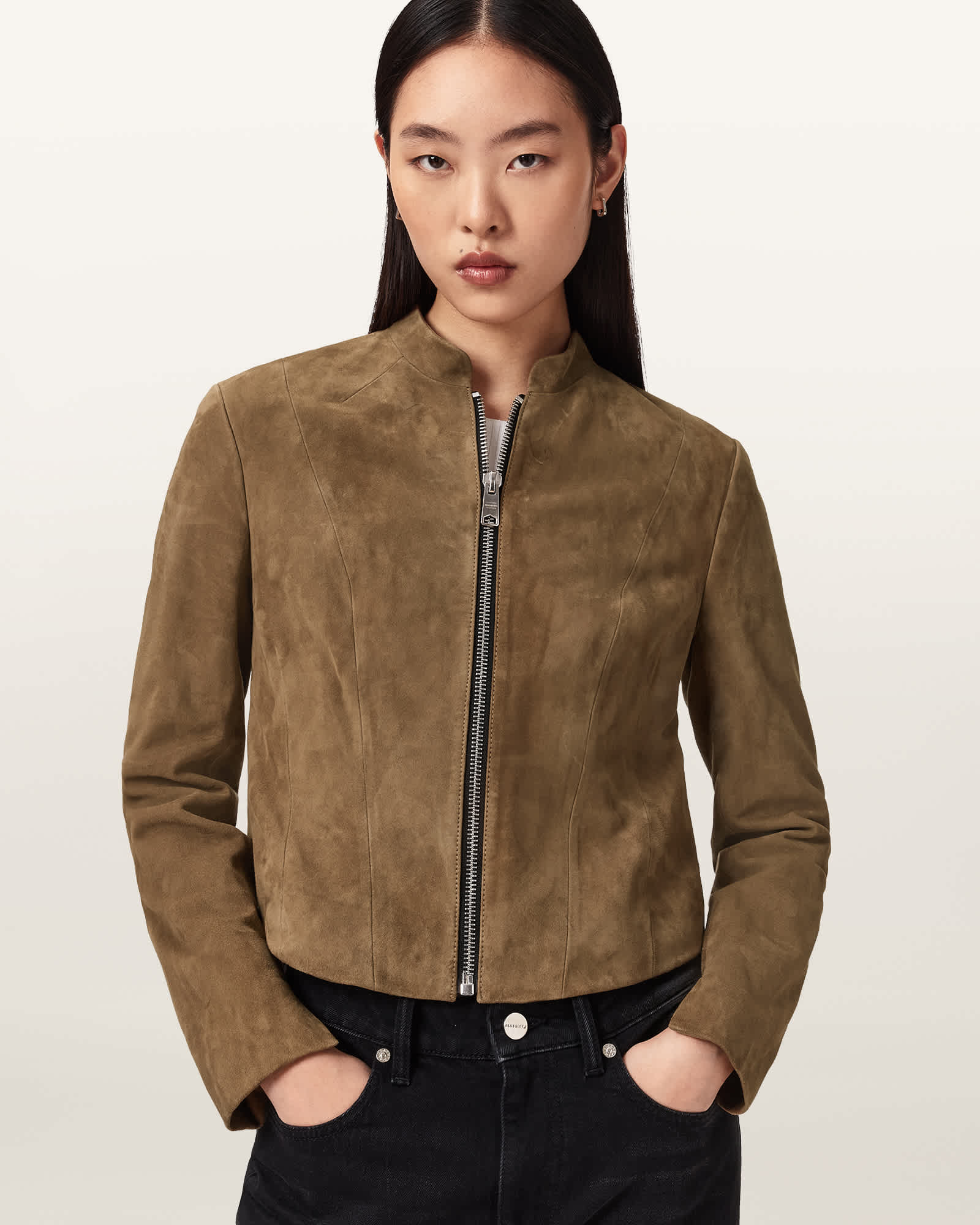 Allsaints Women's Brown Sadler Slim Fit Suede Jacket - Size  16