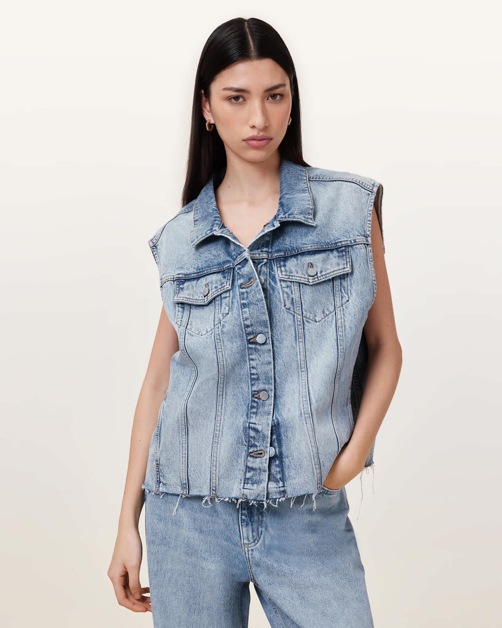 AllSaints Cotton Laura Embellished Denim Waistcoat