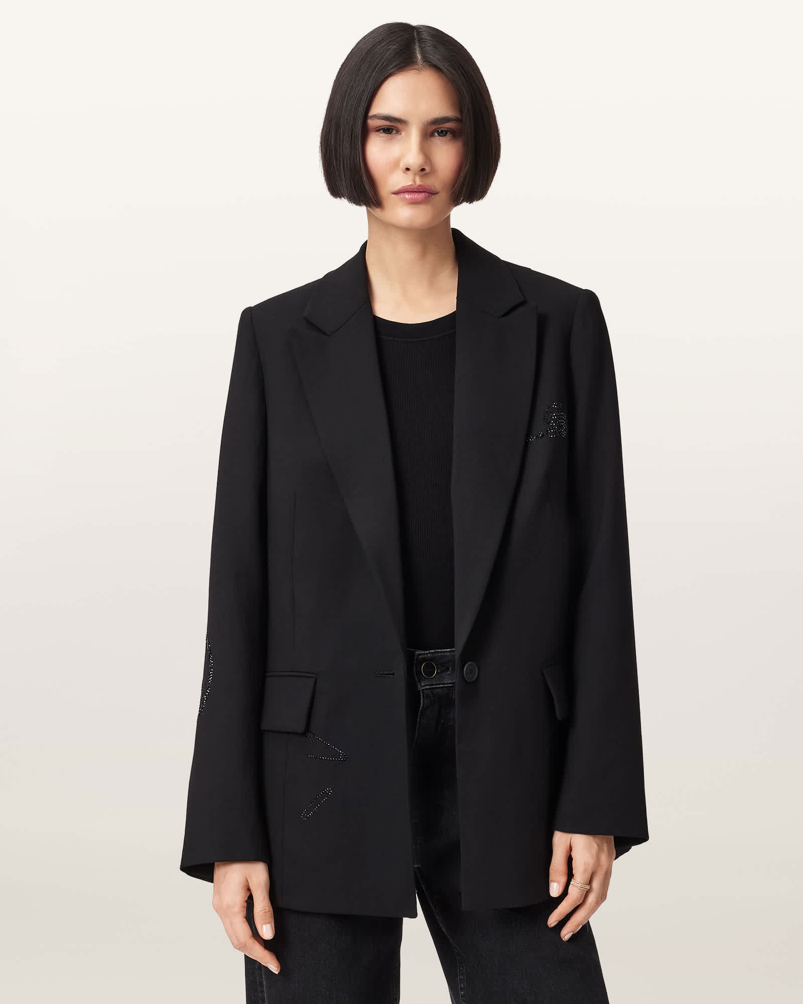 AllSaints Wool/Alpaca Ottie Single Breasted Embellished Blazer, Size: UK 14/US 10