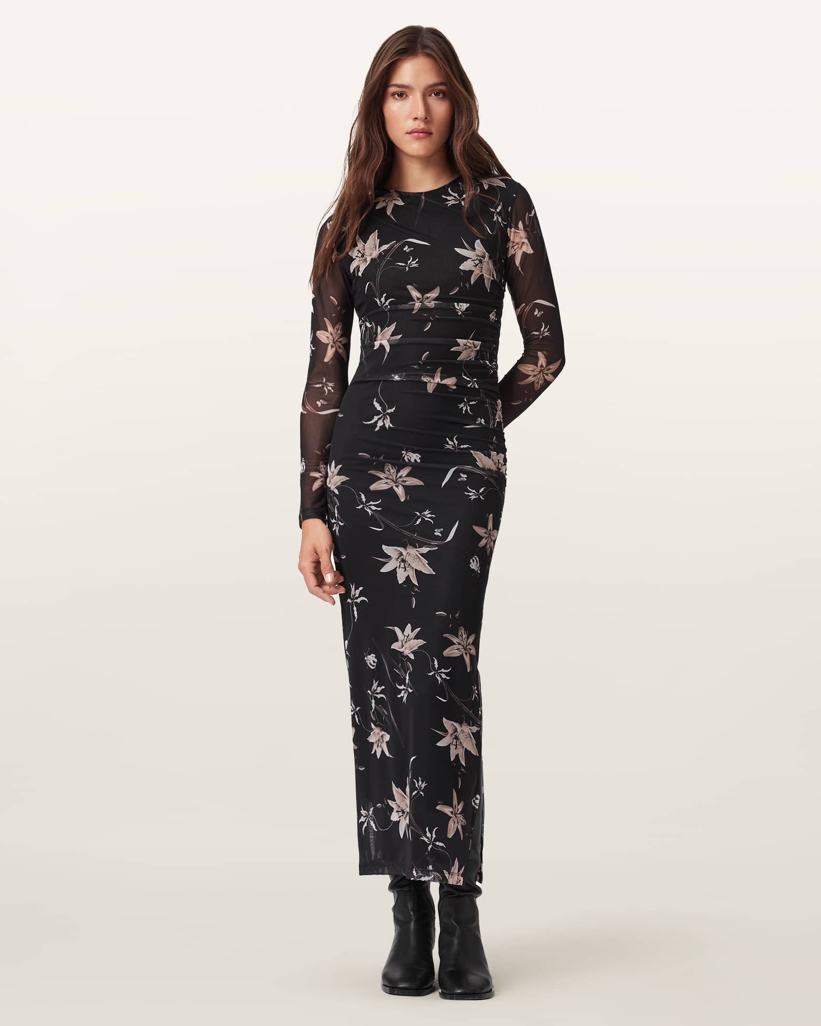 AllSaints Caia Mesh Maxi Dress,, Petra Sepia Brown