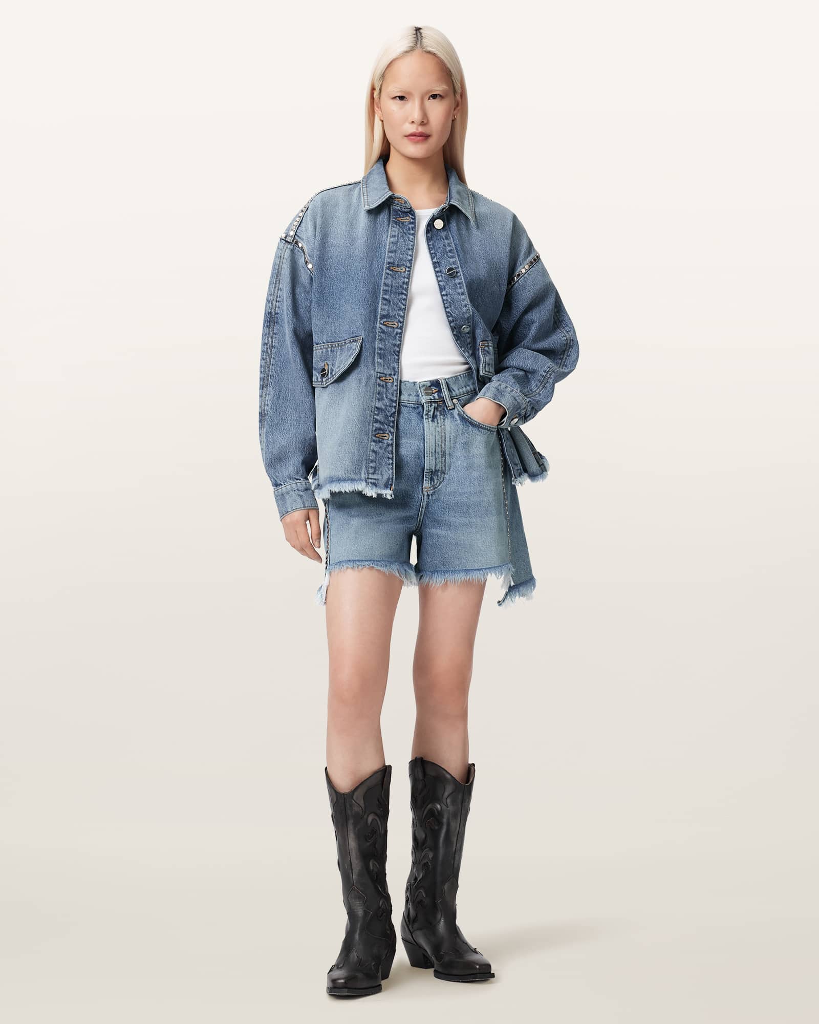 Allsaints Cotton/lyocell Frankie Studded Denim Shorts In Blue