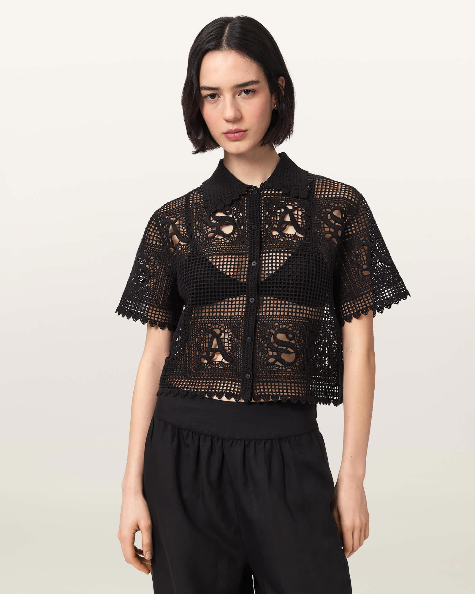 AllSaints Cotton Kyra Crochet Cropped Polo T-Shirt, Size: M