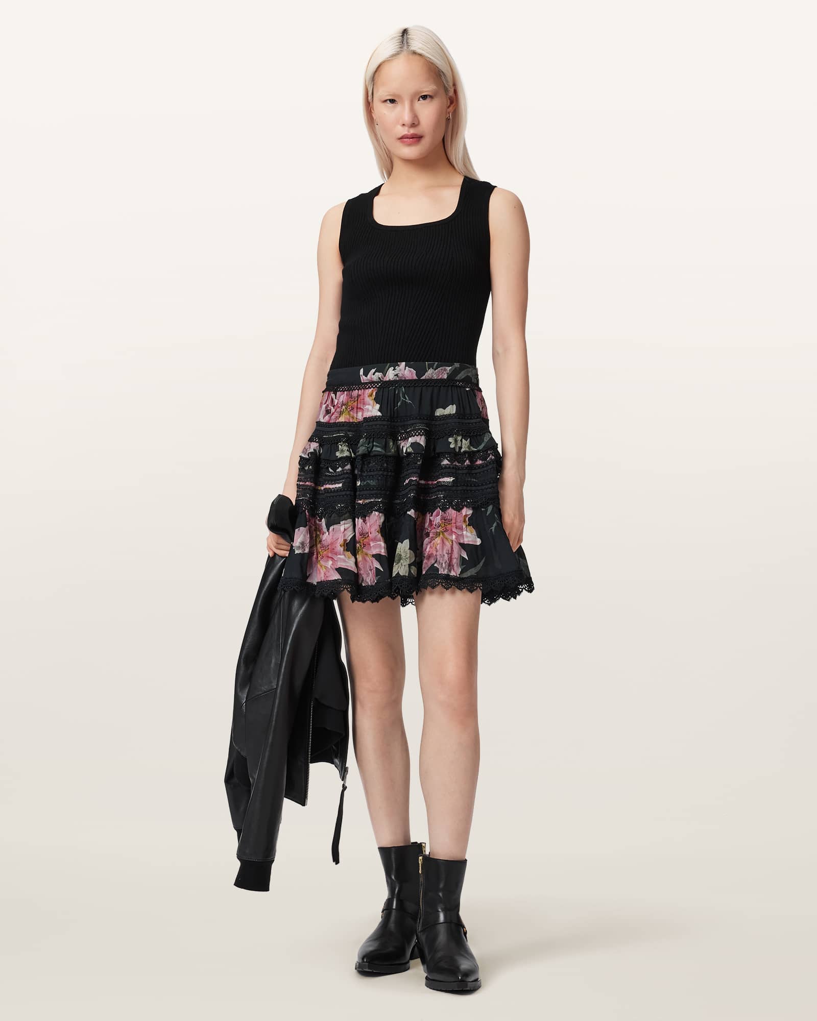 AllSaints Polyester Zora Lace Trimmed Mini Skirt, Size: UK 10/US 6