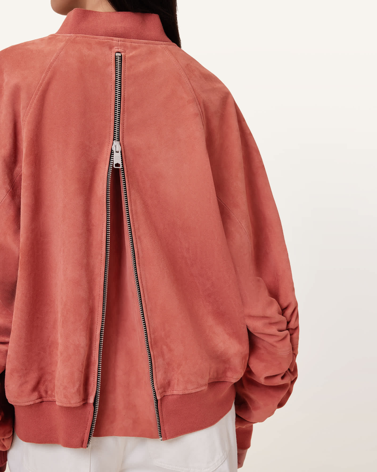 AllSaints Dana Relaxed Fit Suede Bomber Jacket,, Burnt Brick Red