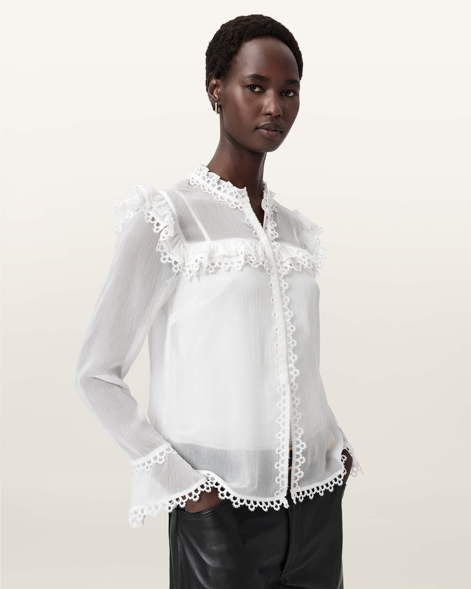 Allsaints Ciara Sheer Lace Shirt In White