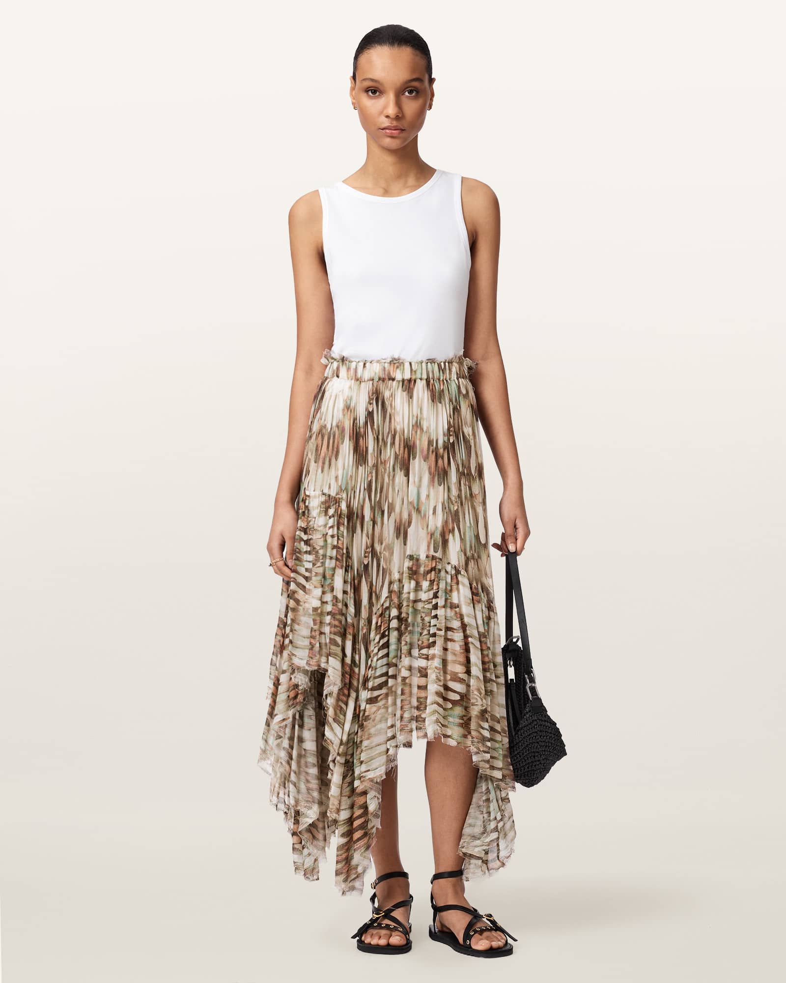 AllSaints Viscose Danae Asymmetric Tiered Midi Skirt, Size: UK 10/US 6