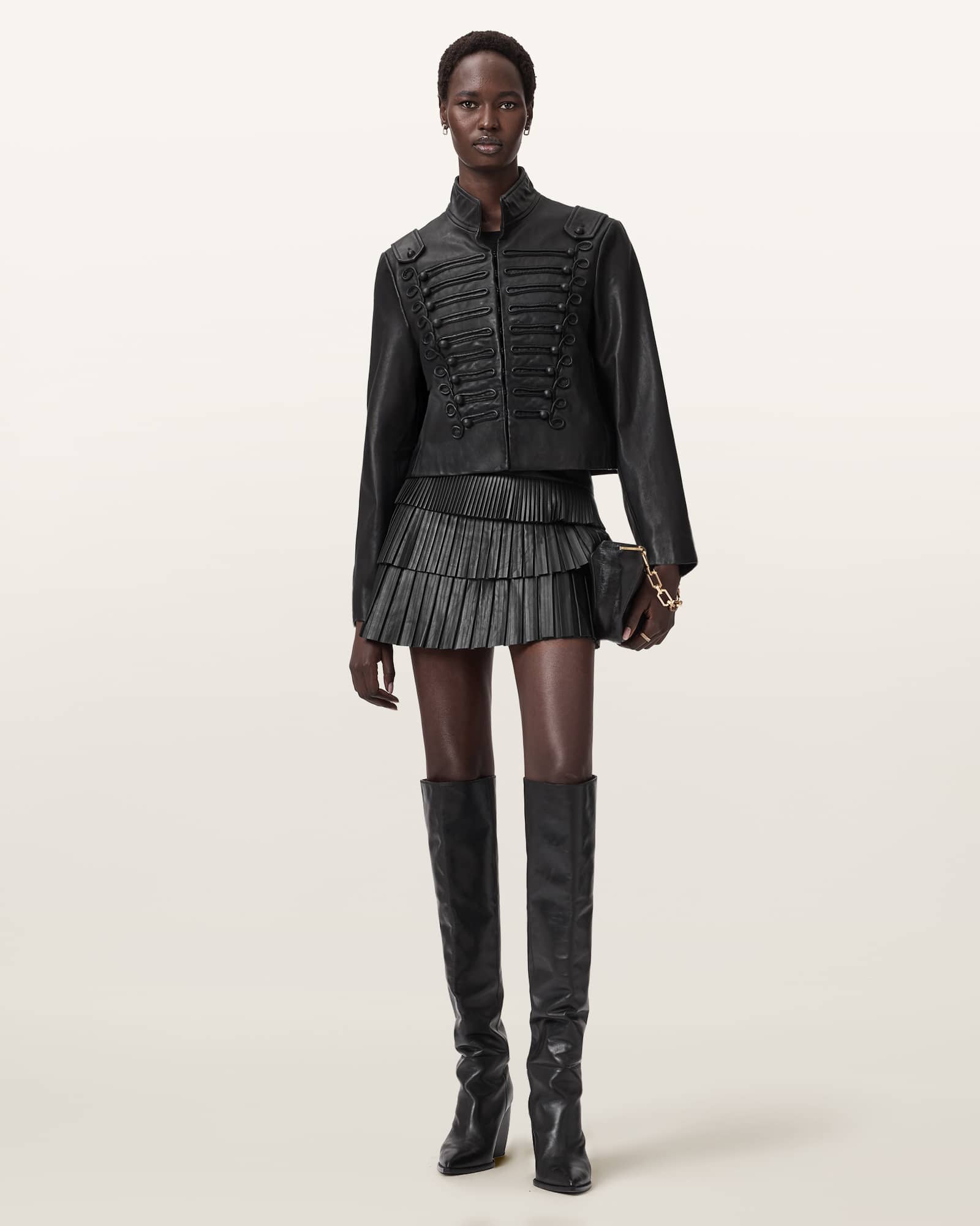 AllSaints Nara Leather Pleated Mini Skirt,, Black