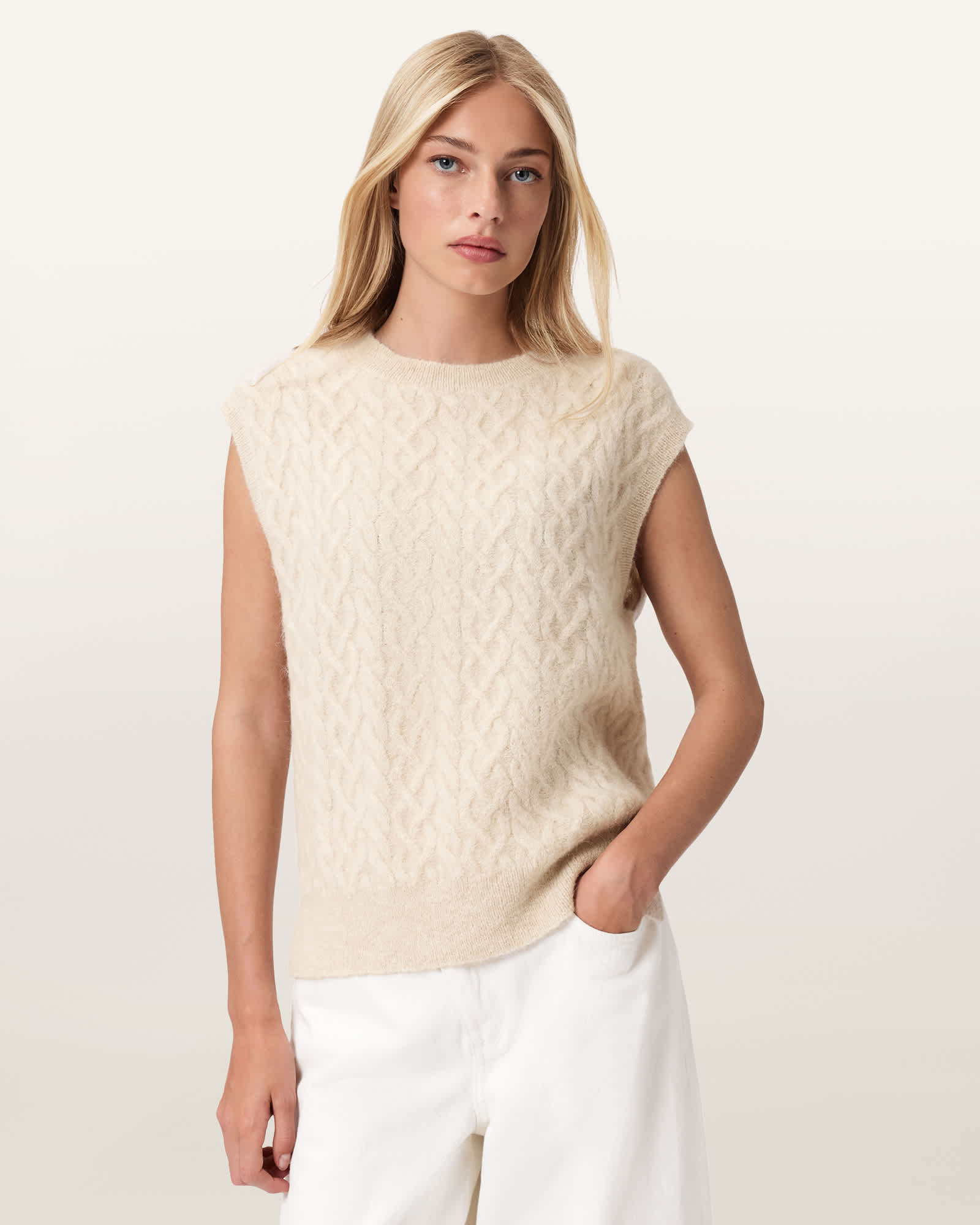 Allsaints Sirius Cable Sweater Tank Top In Neutral
