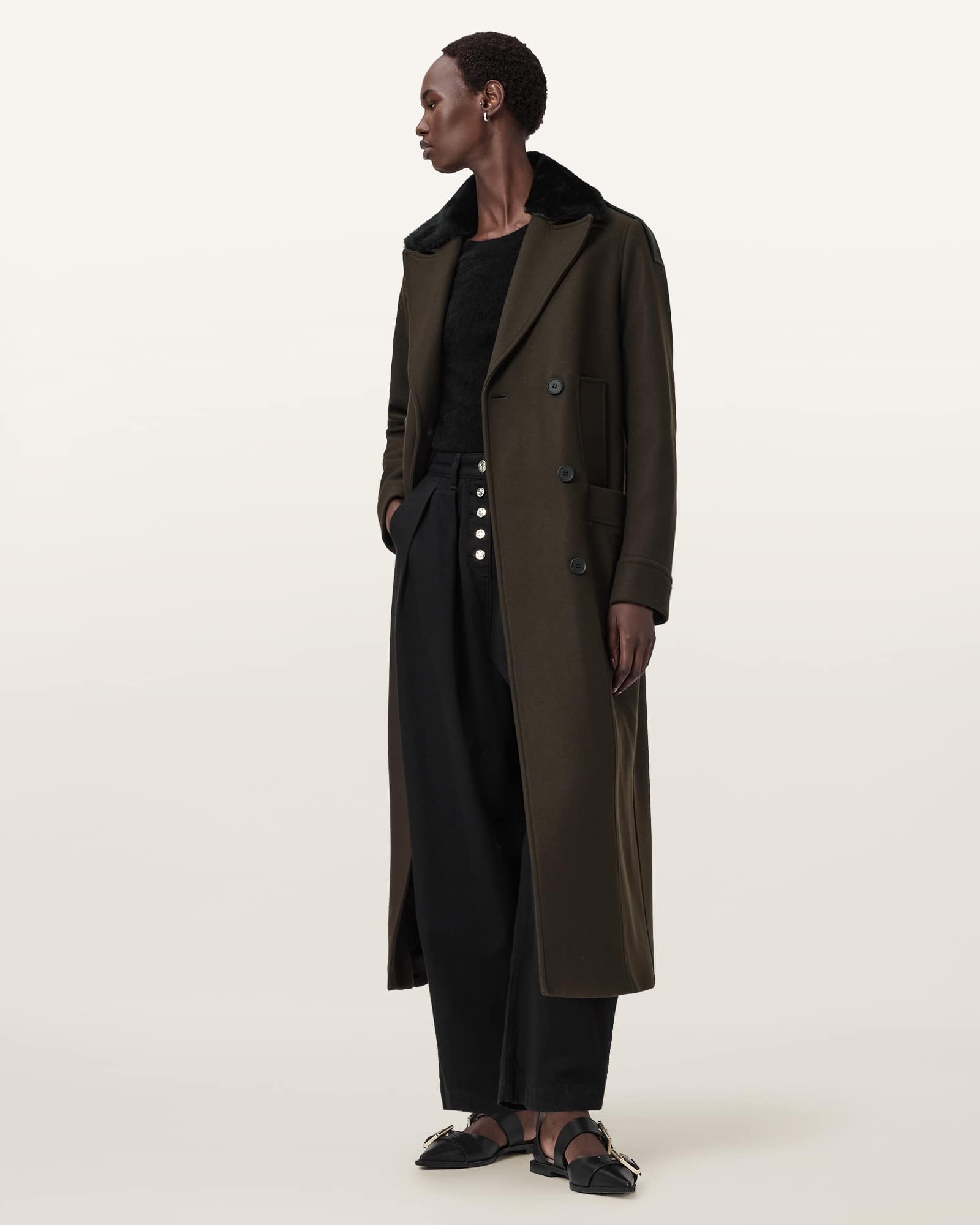 AllSaints Millie Double Breasted Coat,, Khaki Green
