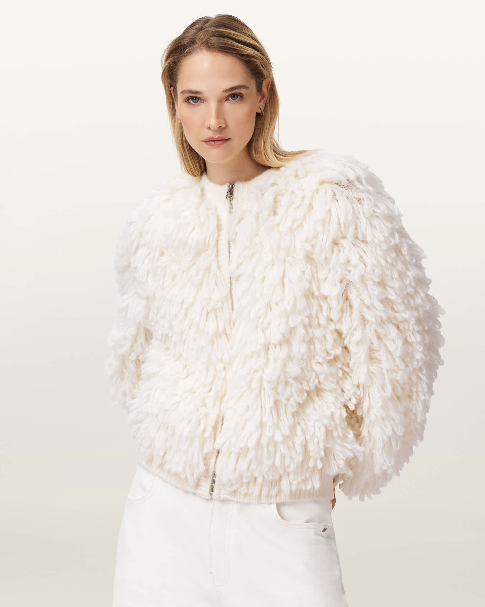 AllSaints Elias Knitted Wool Jacket,, Chalk White