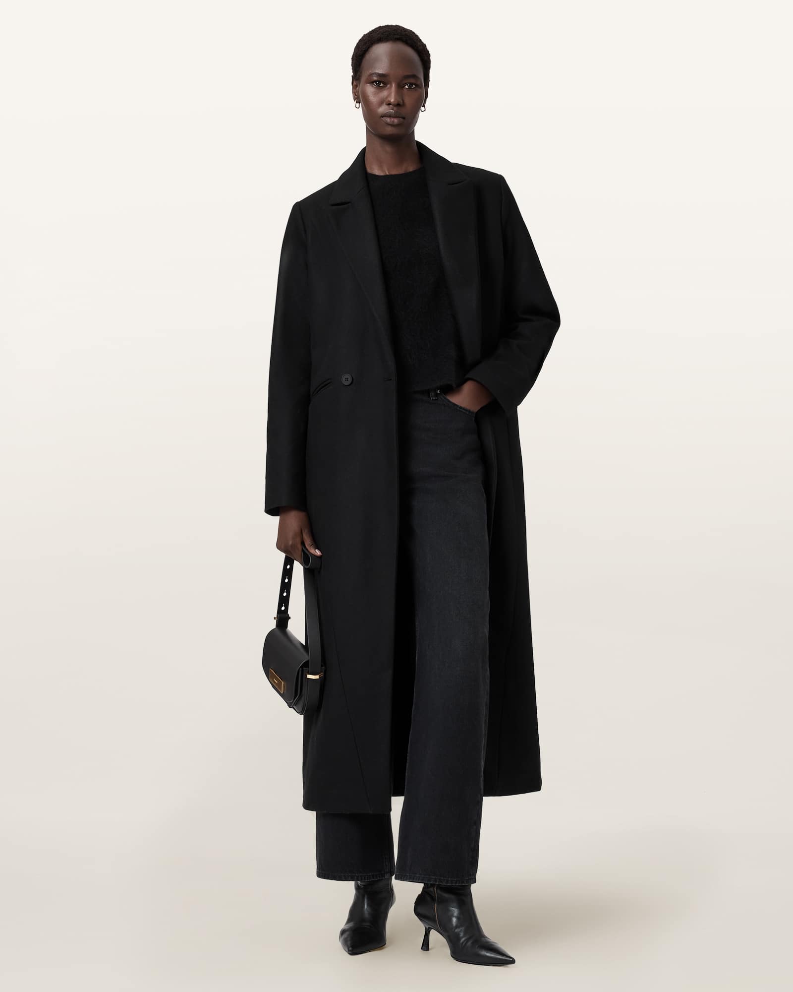 Allsaints Nellie Double Breasted Wool Blend Coat In Black