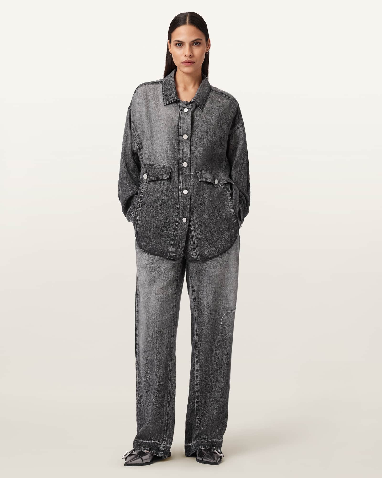 AllSaints Tyler Illusion Wide Leg Trousers,, Illusion Black