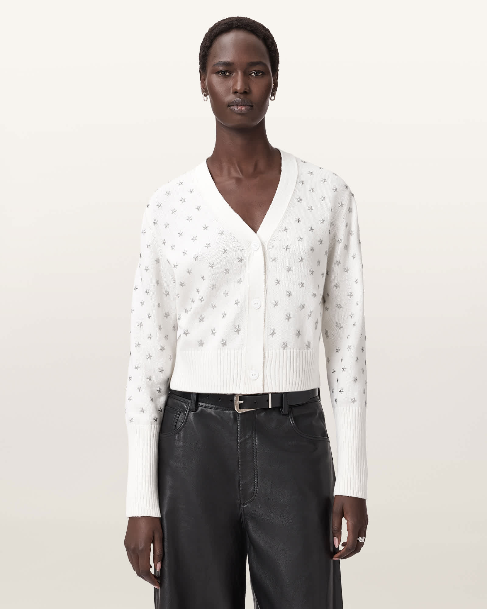 Allsaints Cotton Mazzy Cropped Embellished Cardigan In White