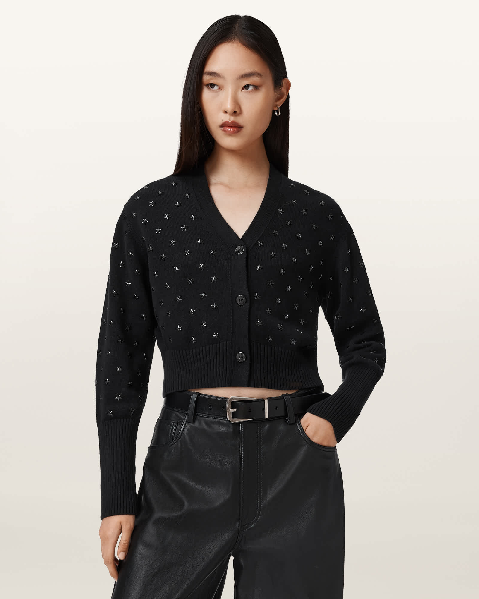 Allsaints Cotton Mazzy Cropped Embellished Cardigan In Black