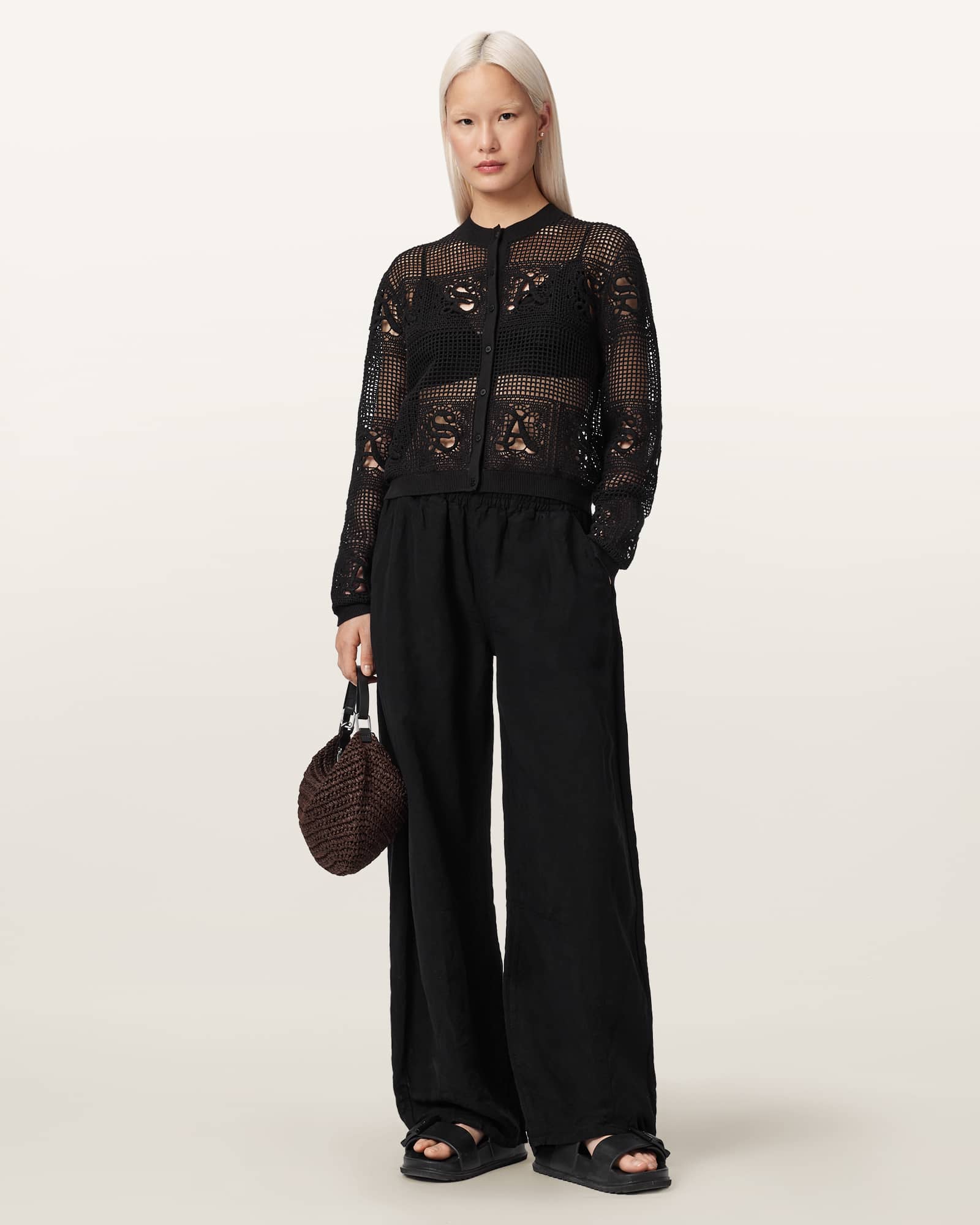AllSaints Cotton Kyra Open Knit Crochet Cardigan, Size: S