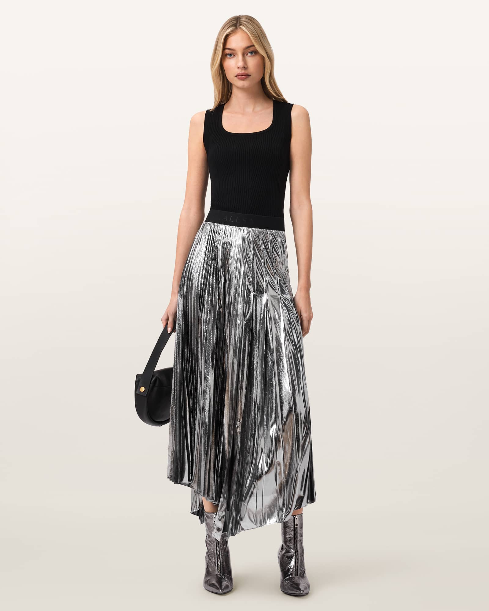 AllSaints Jax Pleated Midi Skirt,, Metallic Silver