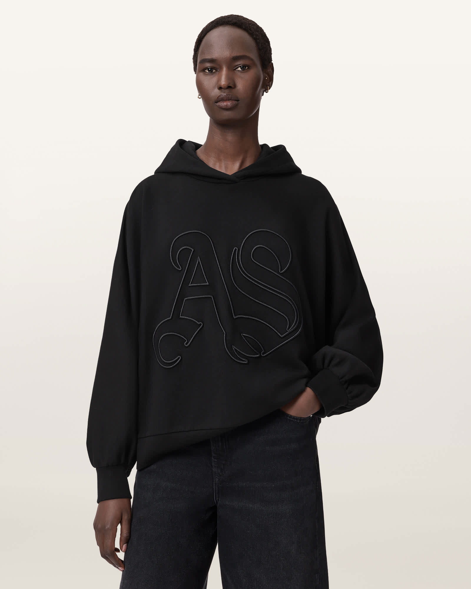 AllSaints Artia Embos Relaxed Hoodie,, Black