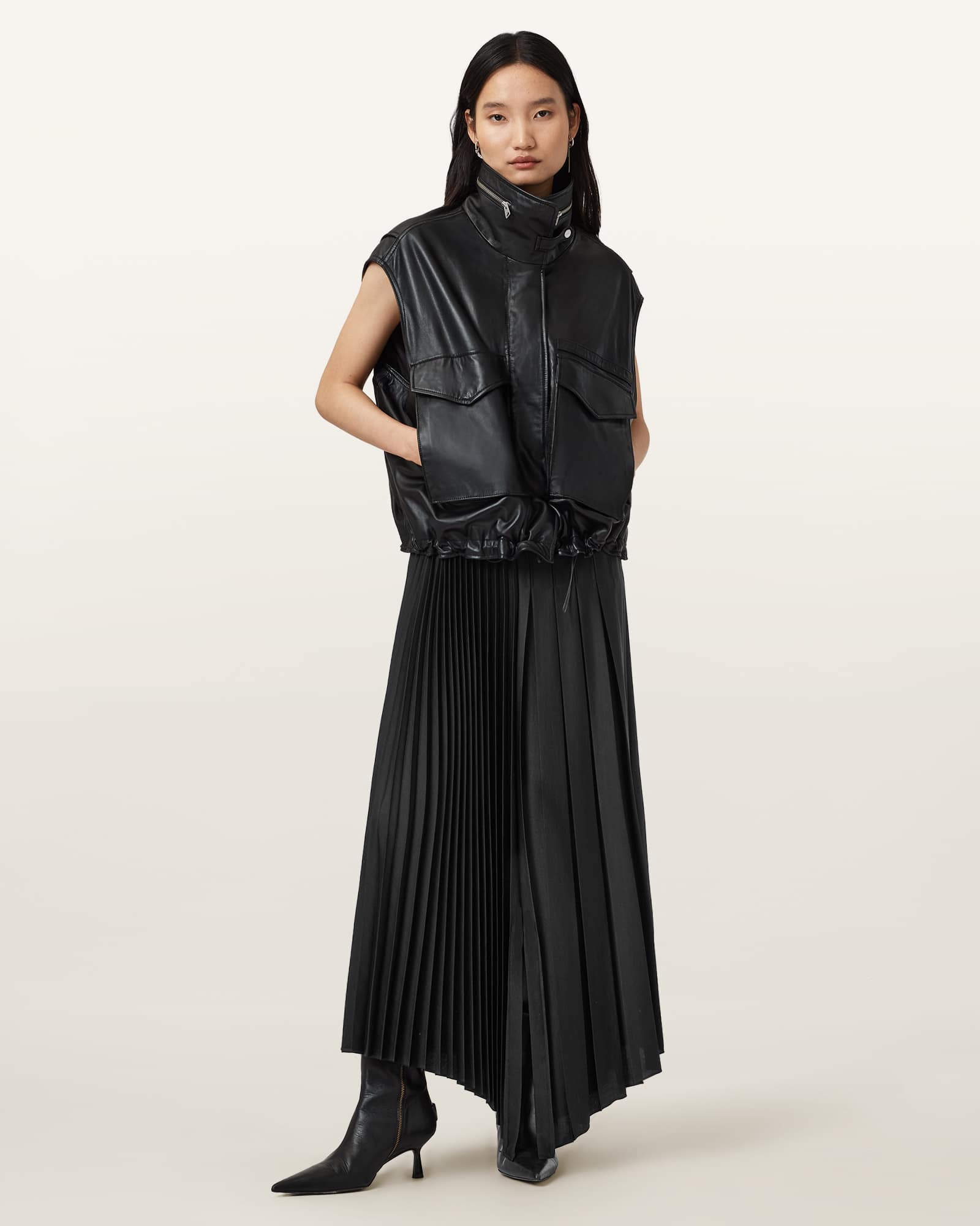 AllSaints Polyester Jax Pleated Midi Skirt, Size: UK 4/US 0
