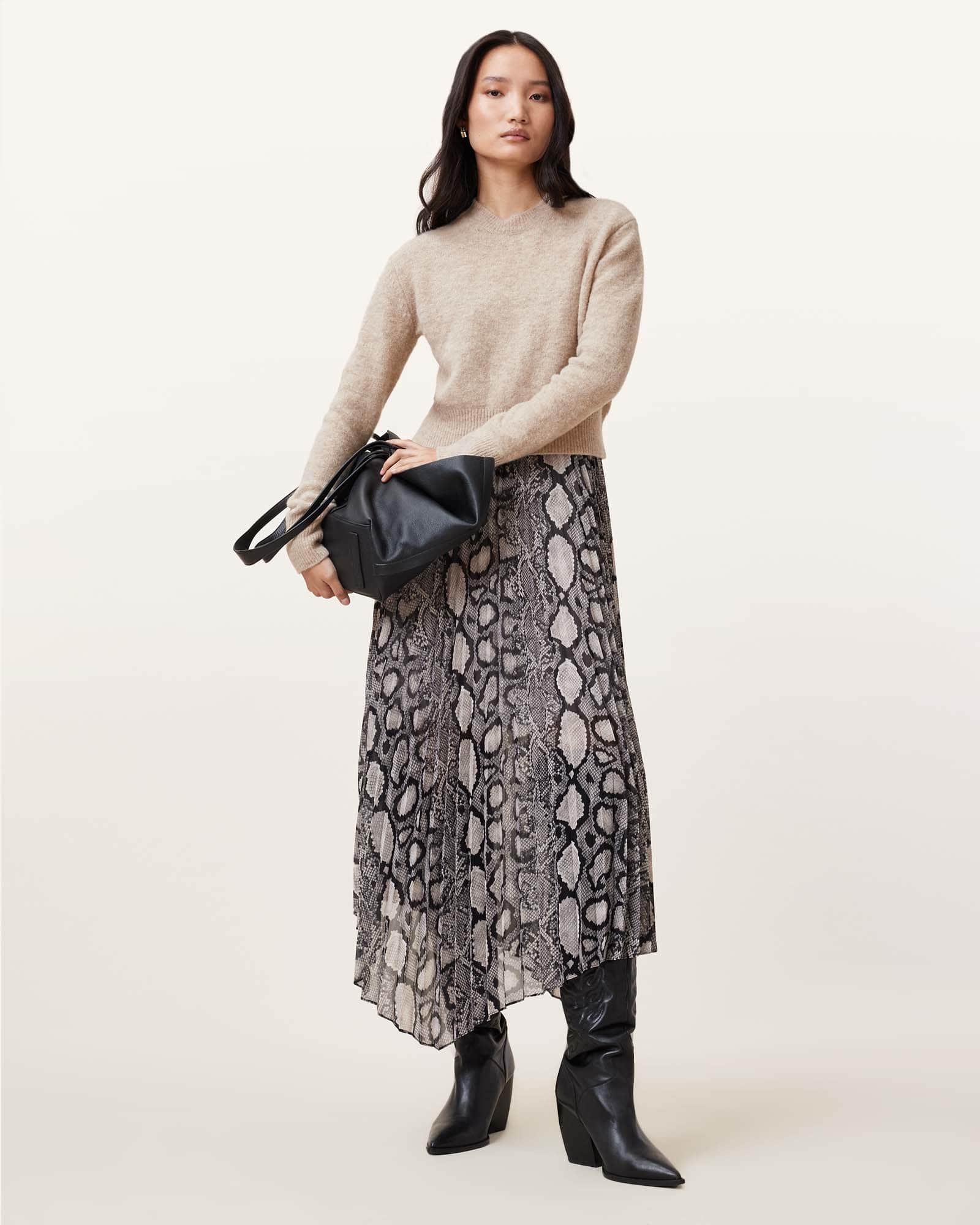 AllSaints Donatella 2-In-1 Snake Print Midi Dress,, Flow Ecru White