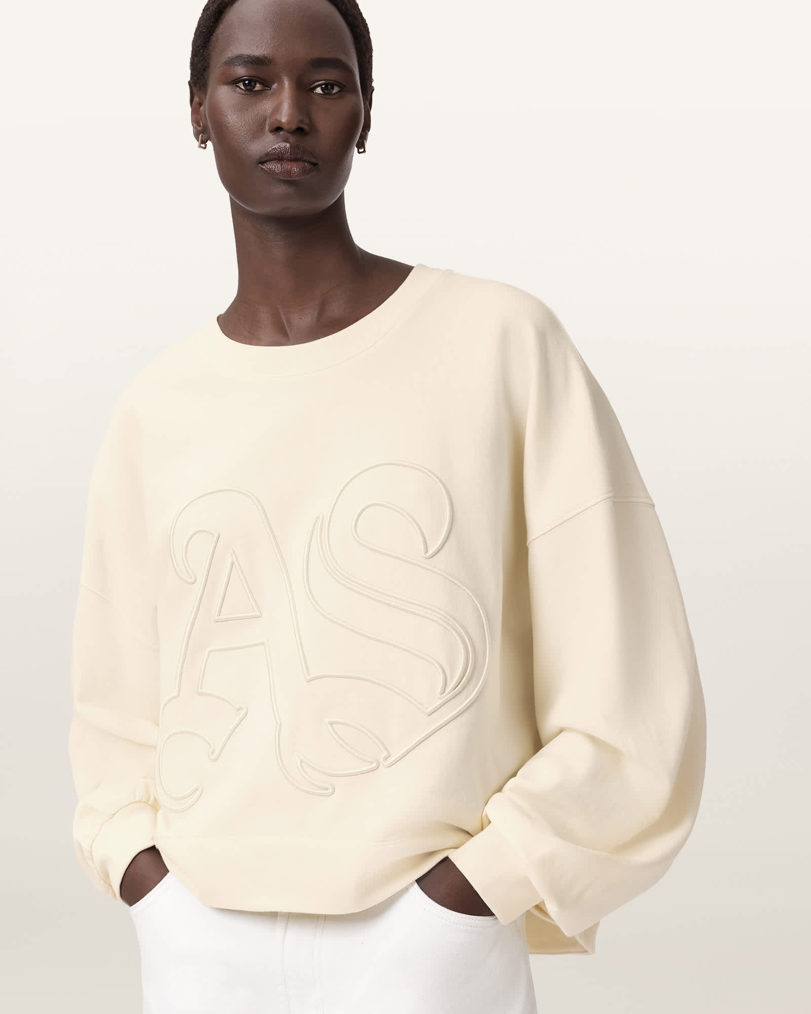 AllSaints Lila Embroidered Oversized Sweatshirt,, Pebble White