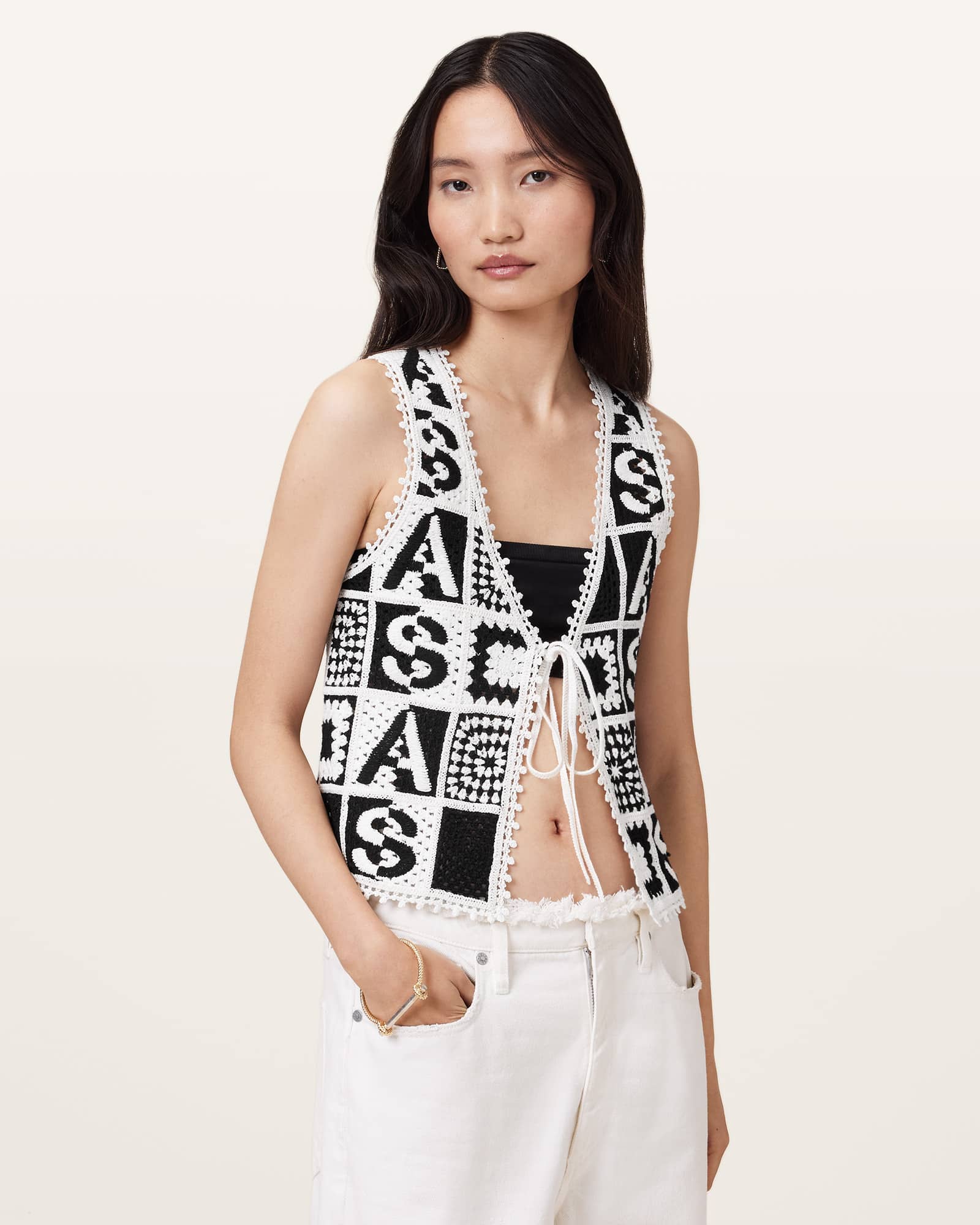 AllSaints Cotton Florence Crochet Waistcoat, Size: L