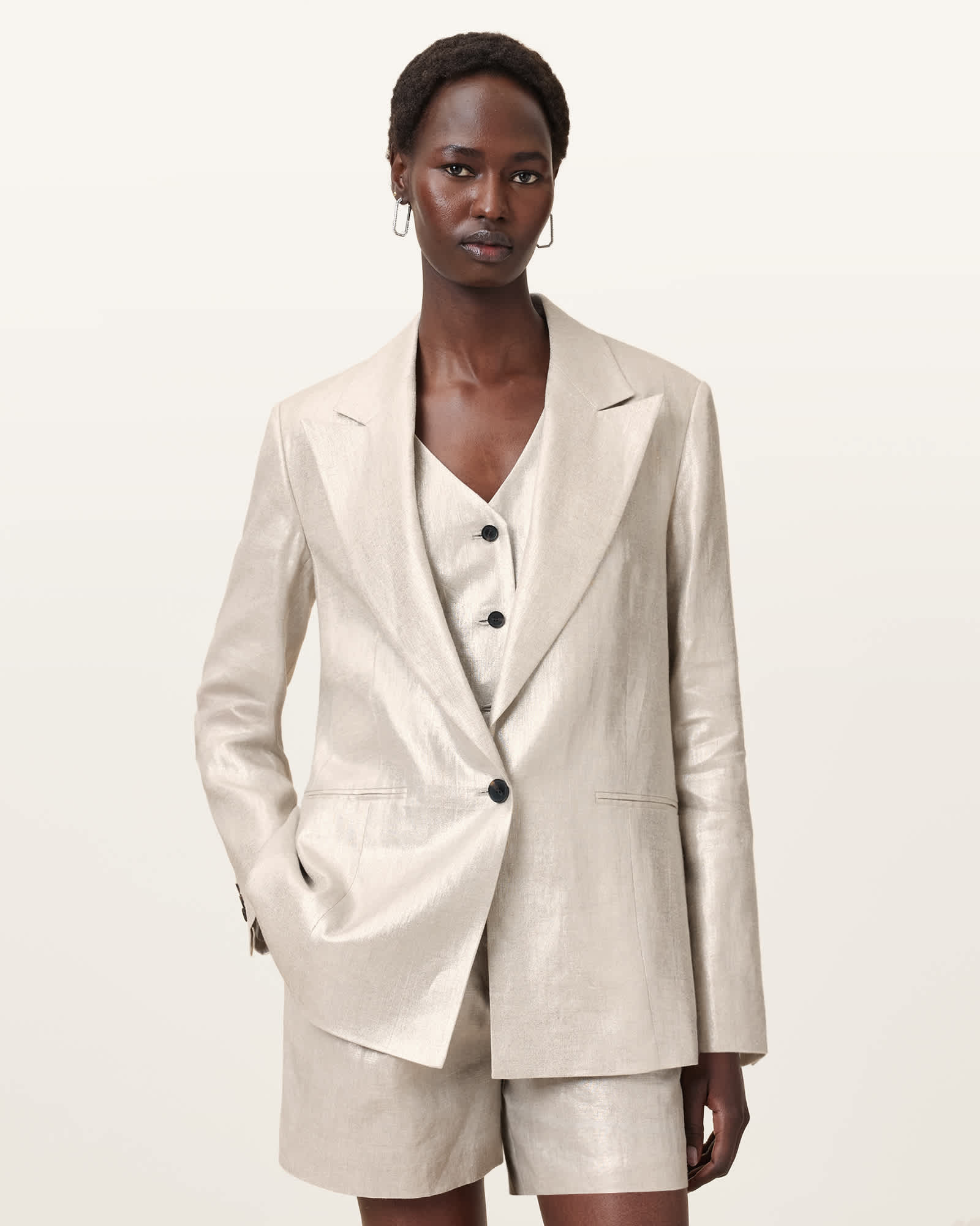 AllSaints Averie Relaxed Fit Linen Blazer,, Silver Grey