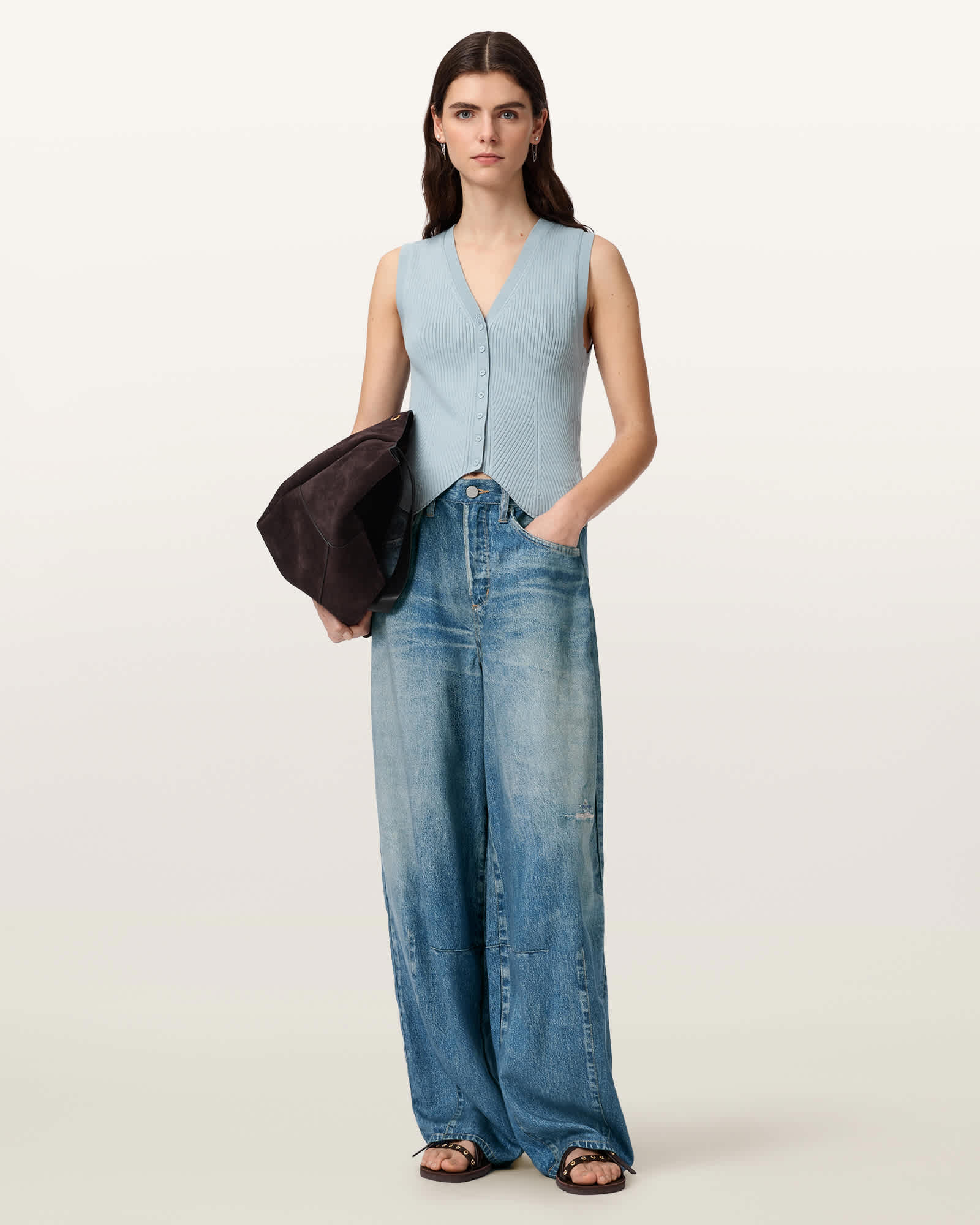 Allsaints Women's Blue Jett Barrel Leg Illusion Of Denim Trousers - Size  6