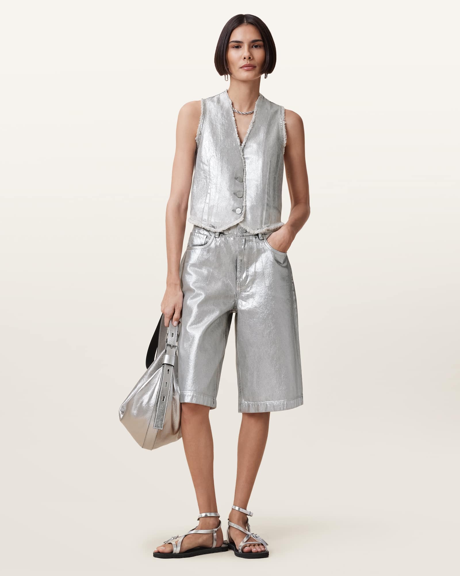 AllSaints Women's Louie Metallic Long Denim Shorts