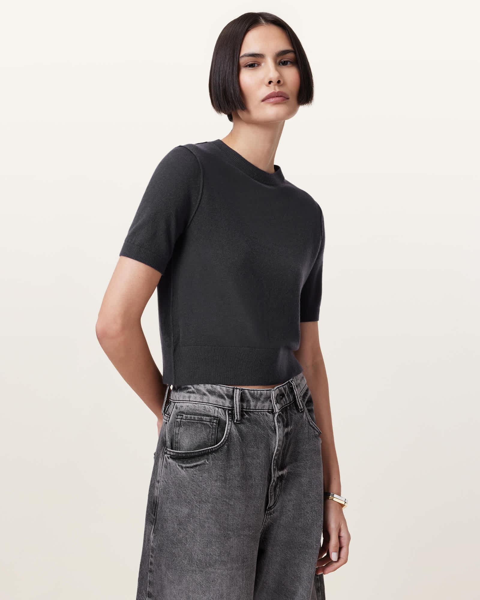 AllSaints Elsie Merino Cashmere Blend T-Shirt,, Charcoal Blue