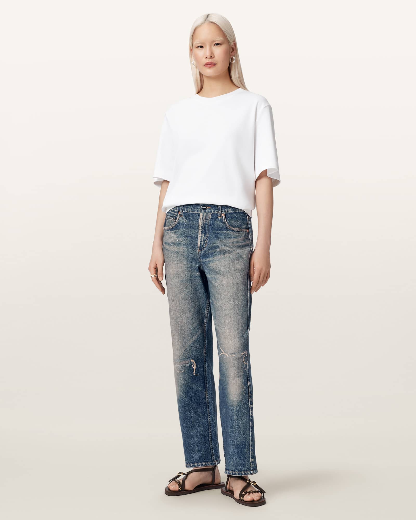 Allsaints Women's Blue Ida Terry Straight Leg Illusion Of Denim Trousers - Size  16