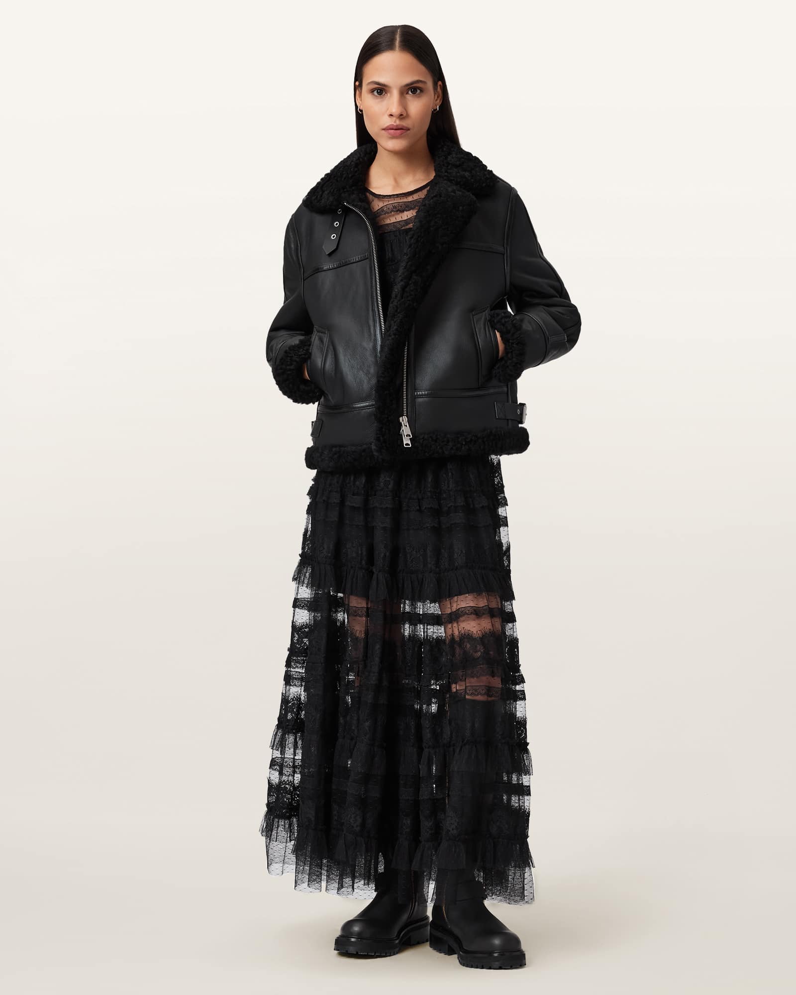 Allsaints Lorel Shearling Flying Jacket In Black