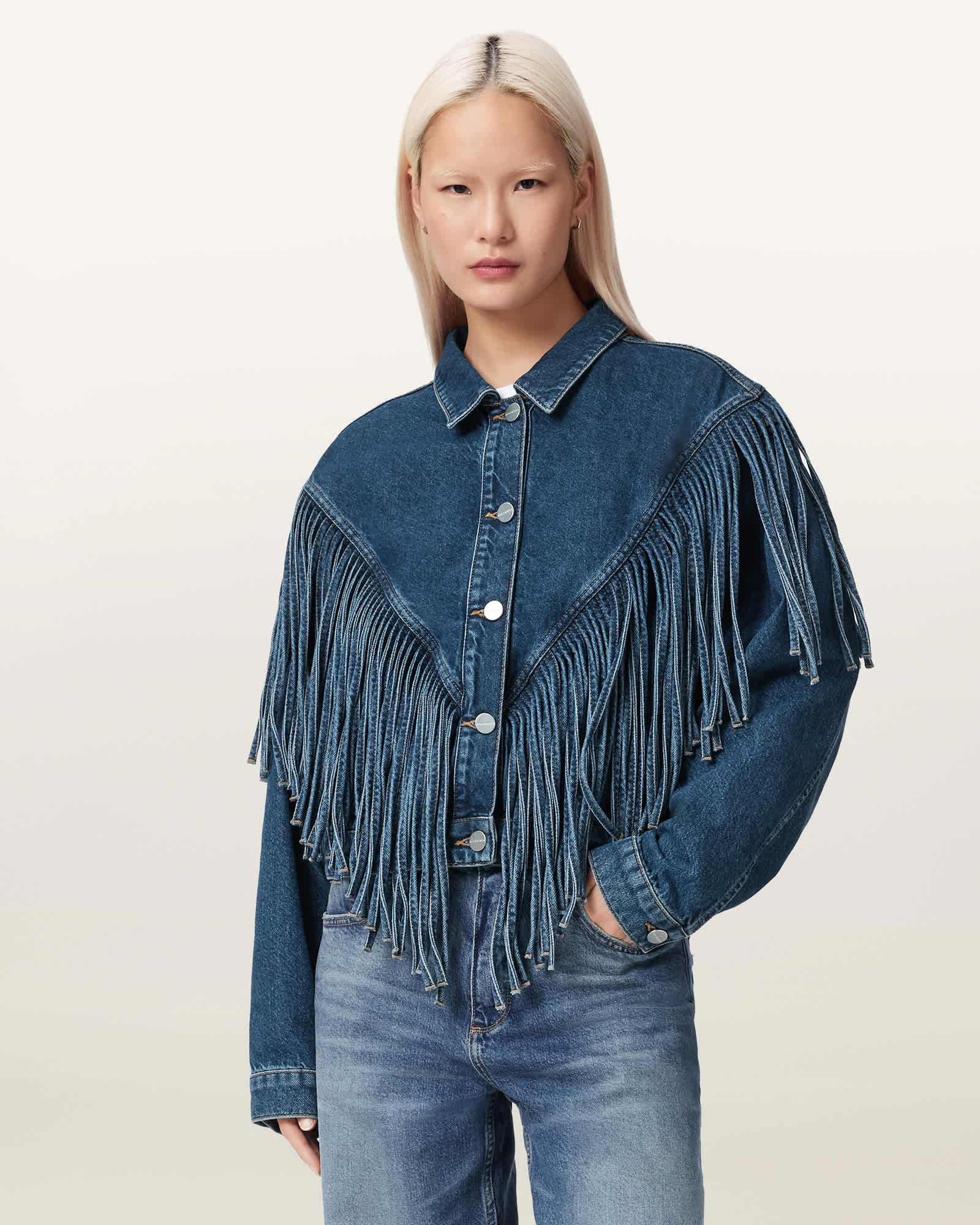 Allsaints Women's Blue Marlene Westen Tassel Denim Jacket - Size  14