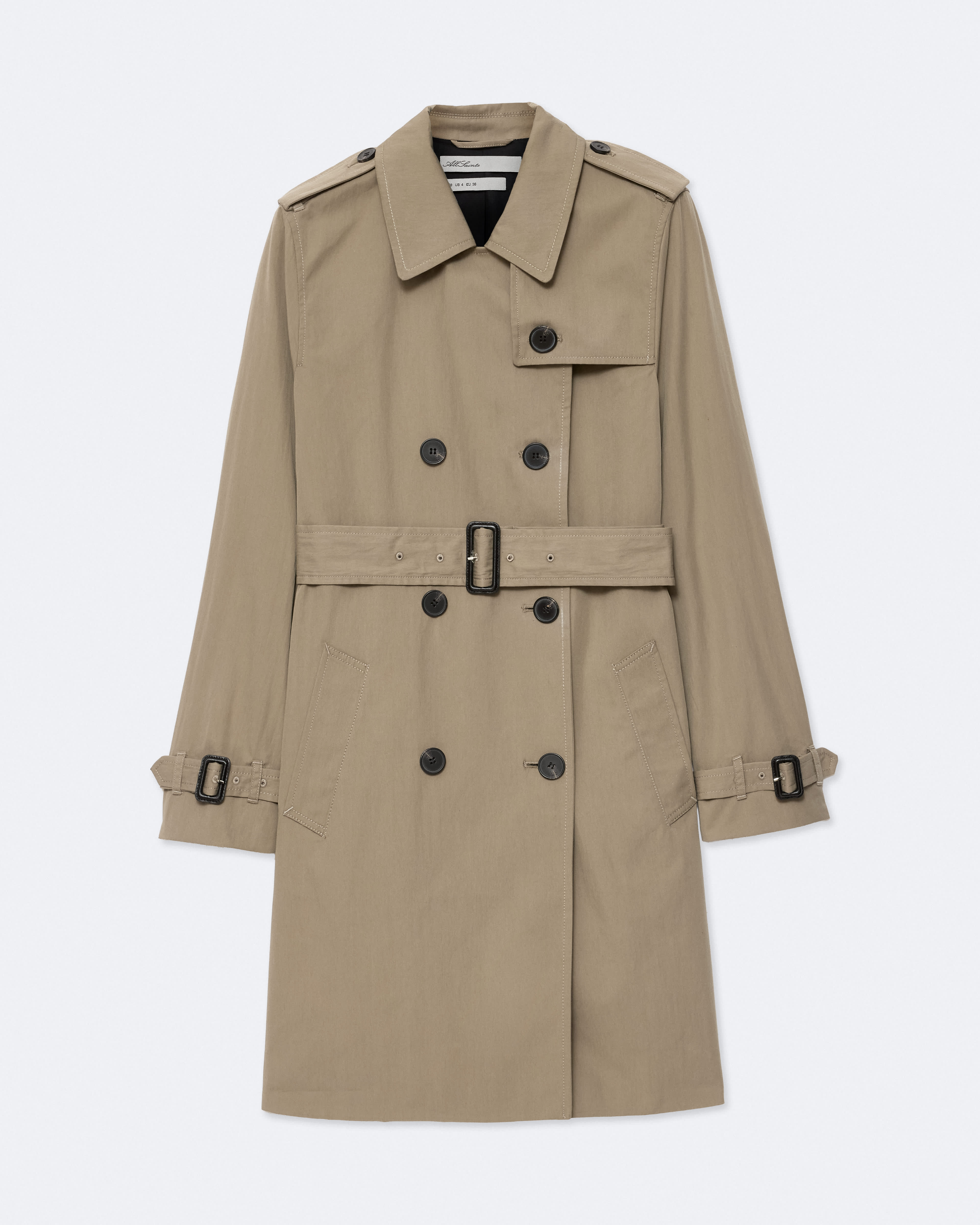 AllSaints Women's Leonard Double-Breasted Cotton Trench Coat, Brown, Size: 12