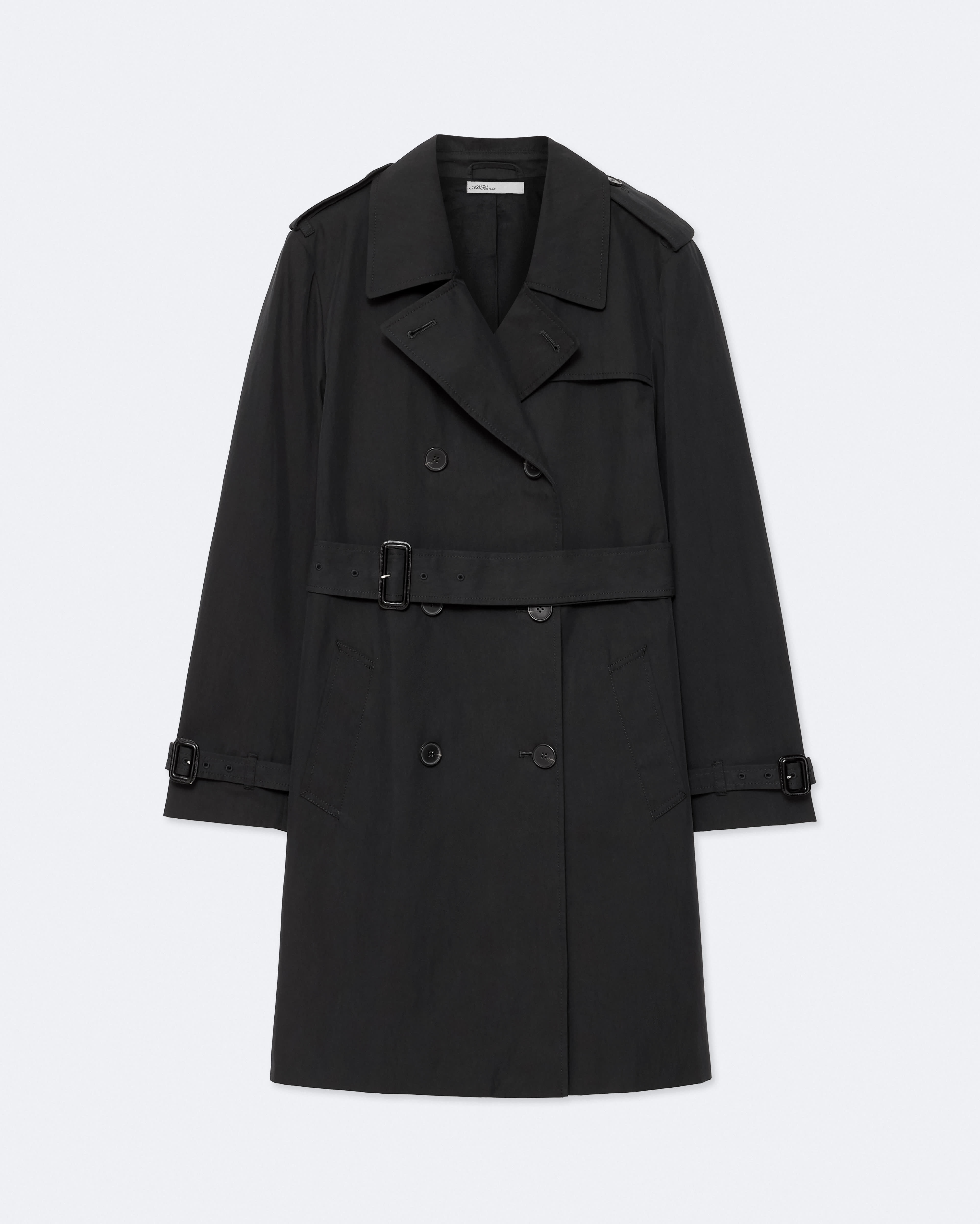 AllSaints Women's Leonard Double-Breasted Cotton Trench Coat, Black, Size: 8