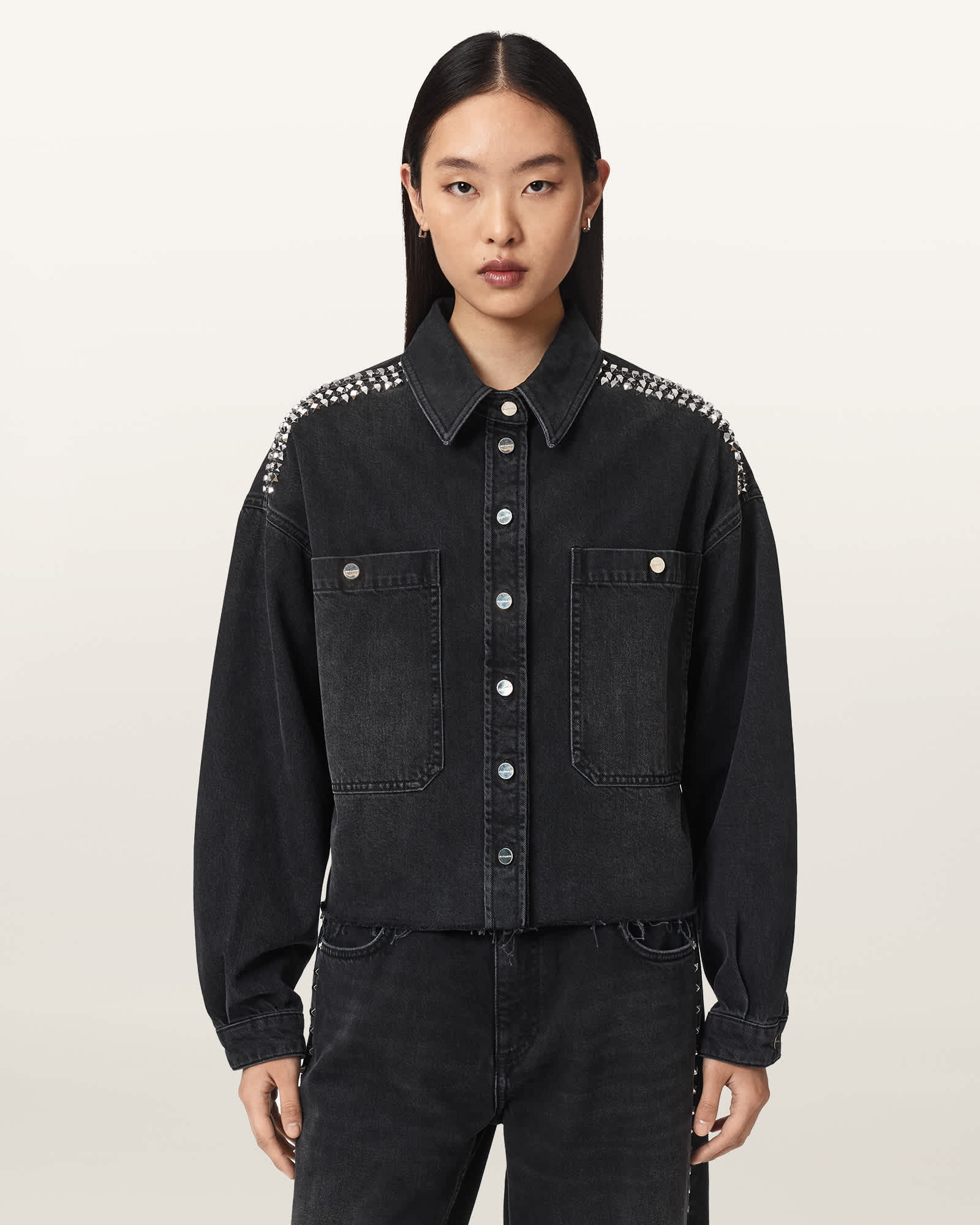 AllSaints Women's Nicky Studded Boxy Denim Jacket, Black, Size: S