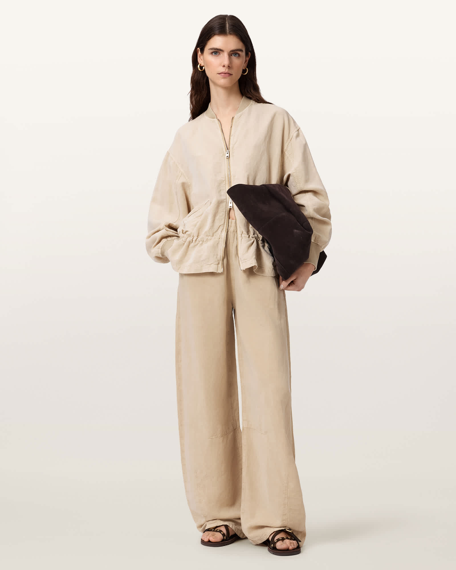 Allsaints Women's Brown Jett Wide Leg Linen Blend Trousers - Size  12